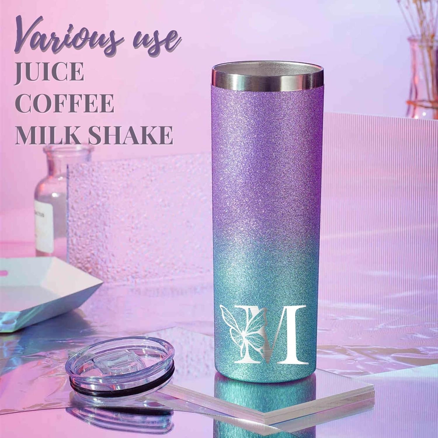 Onebttl Purple Butterfly Gifts for Women with Initial for Butterfly Lovers, 20oz Stainless Steel Tumbler, Perfect for Birthday, Christmas, Mother's Day - Glitter R - Image 3