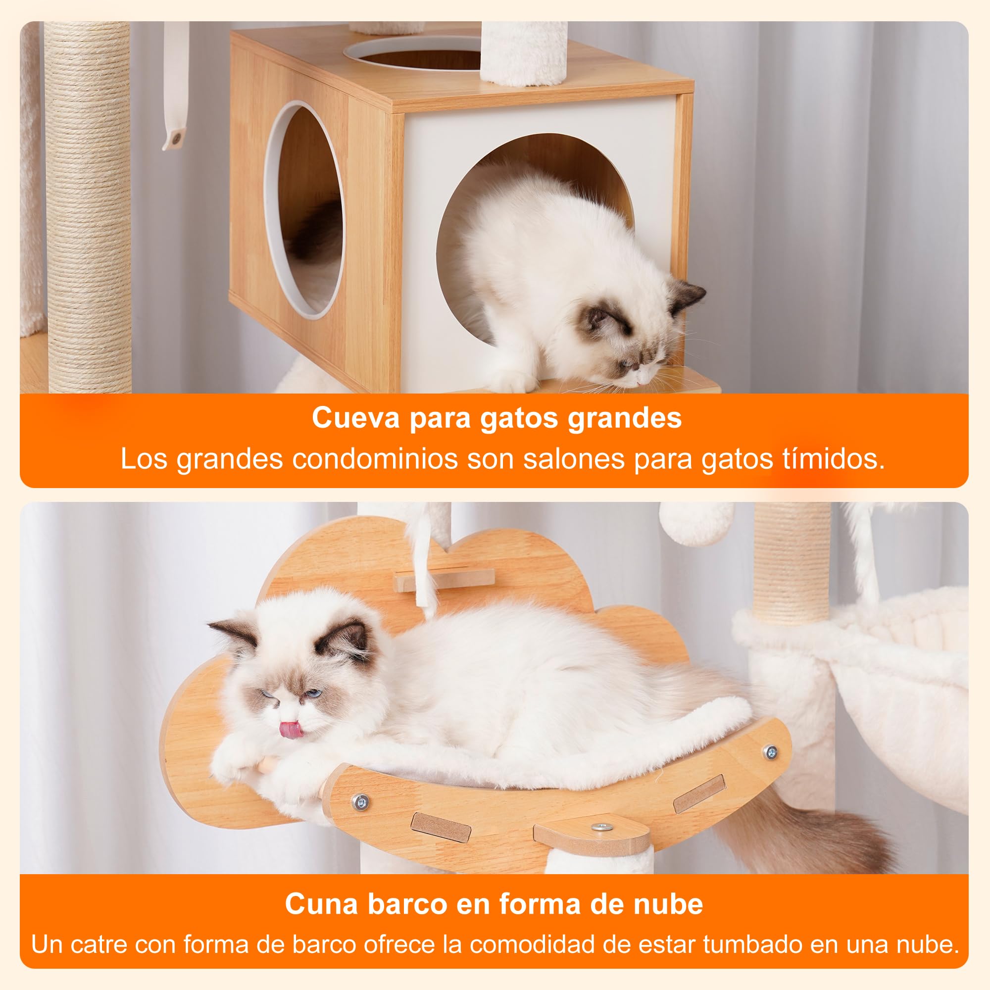 Heybly Árbol para Gatos Moderno, 156 cm de Altura, 4 Niveles, Postes Rascadores, 2 Plataformas, Cuevas, Hamaca, 3 Pompón, Multinivel para Gatos Grandes, Nogal