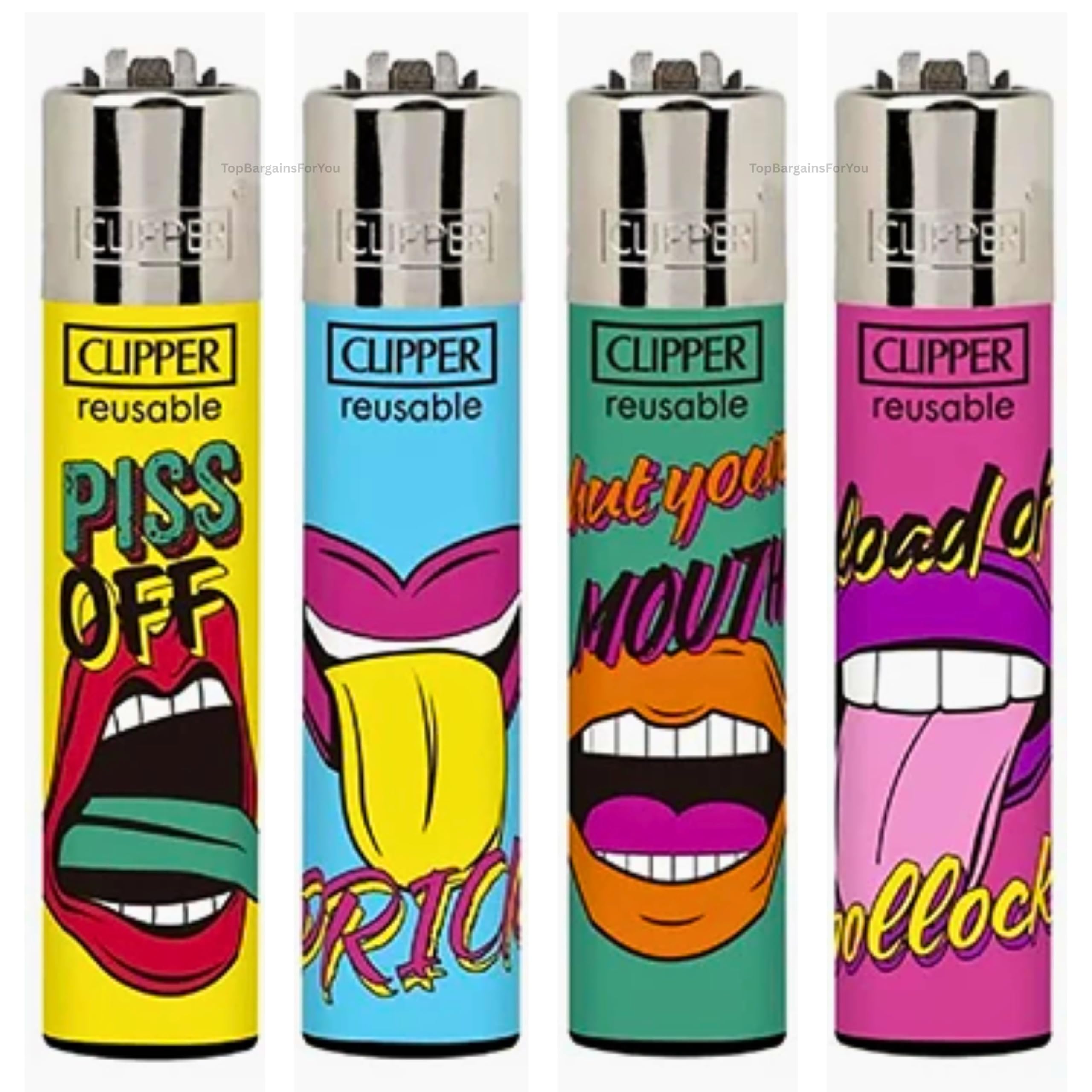 4 x Clipper Lighters NAUGHTY WORDS 6 FUNNY SAYINGS Design Set, Gas Refillable Flint Rare - Limited Edition