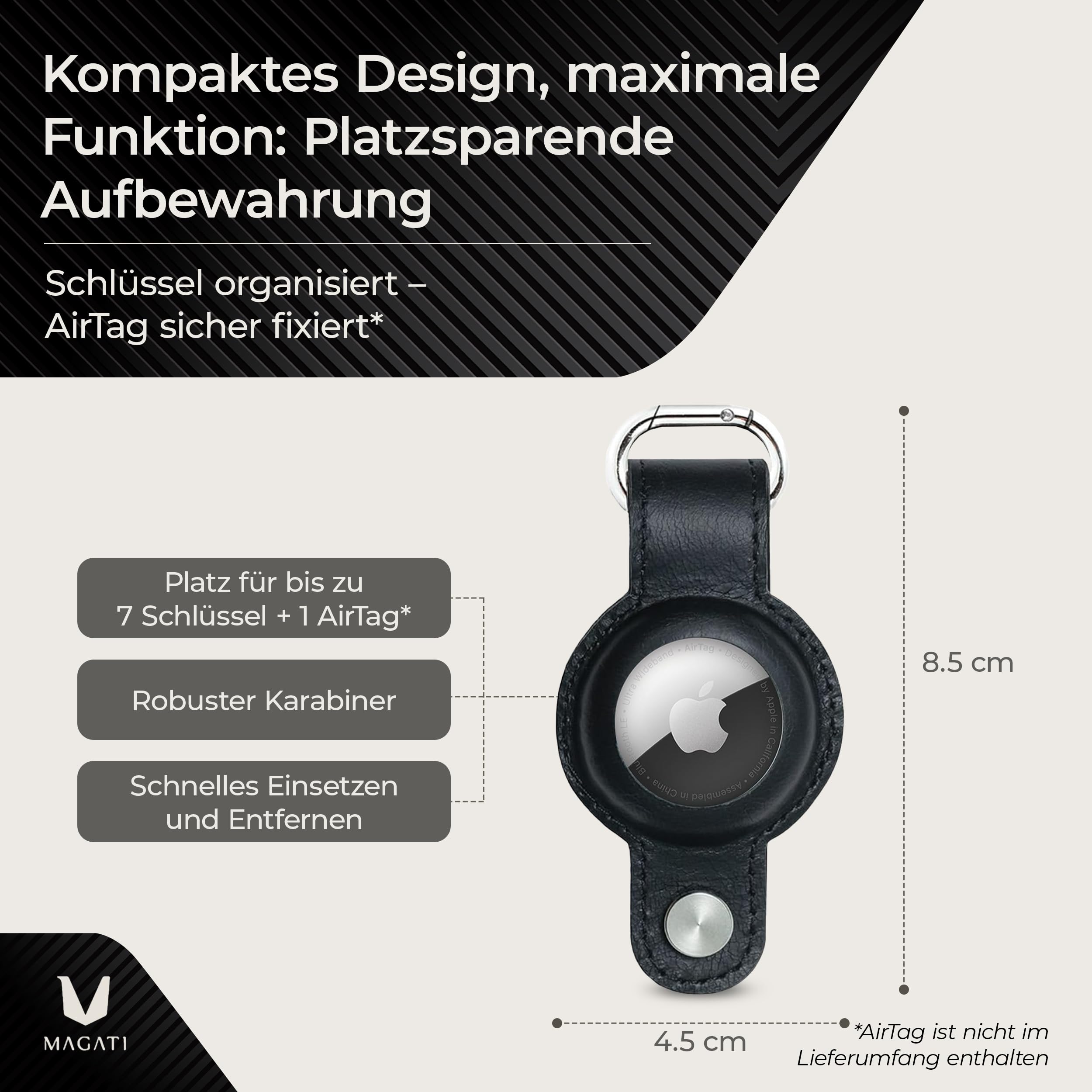 MAGATI Airgonizer (Schwarz) – Schlüssel Organizer mit AirTag Schlüsselanhänger aus hochwertigem Leder & Multitool – Kompatibel mit Apple Airtag 1 & 2 – 1 Jahr Code24 Fundservice inklusive