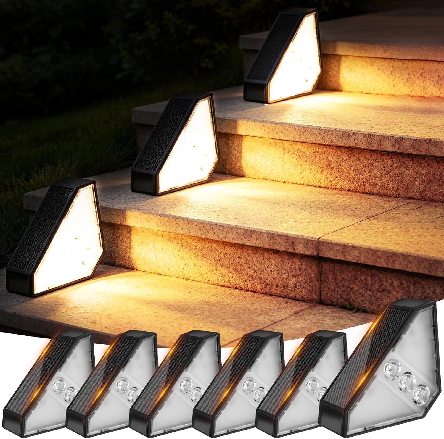echosari 6 Pack Solar Step Lights, 100 Lumen Ultra Bright Outdoor Stair Lights Auto ON/Off Outdoor Step Lights IP68 Fully Waterproof for Yard Garden Walkways Pathway (Warm White)