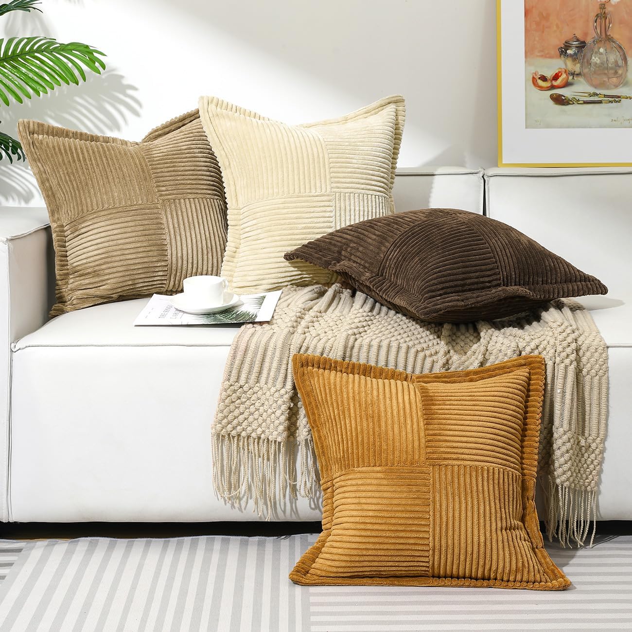 Lewondr Corduroy Throw Pillow Covers 18×18 Inch, 4 Pack Soft Square Throw Pillow Cases, Decorative Boho Striped Couch Pillow Covers for Living Room Bedroom Sofa Bed Office Cushion Cover, Brown