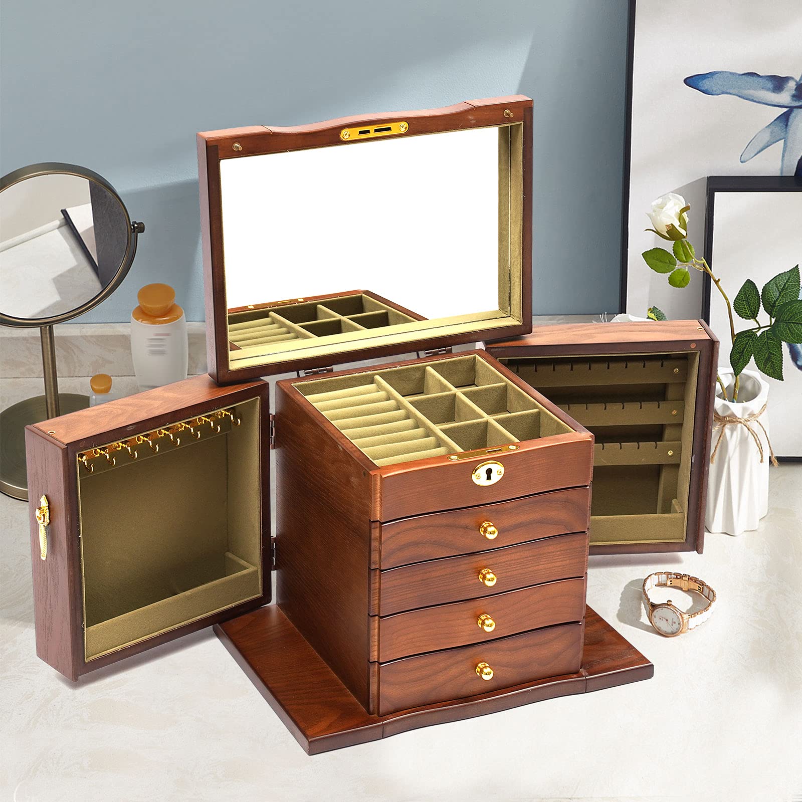 5 Schicht Schmuckkasten Schmuckschatulle Holz Uhrenbox Schmuckkästchen Schmuckkoffer, Schmuck Aufbewahrungsbox Mit Spiegel Und Schloss, Geschenk