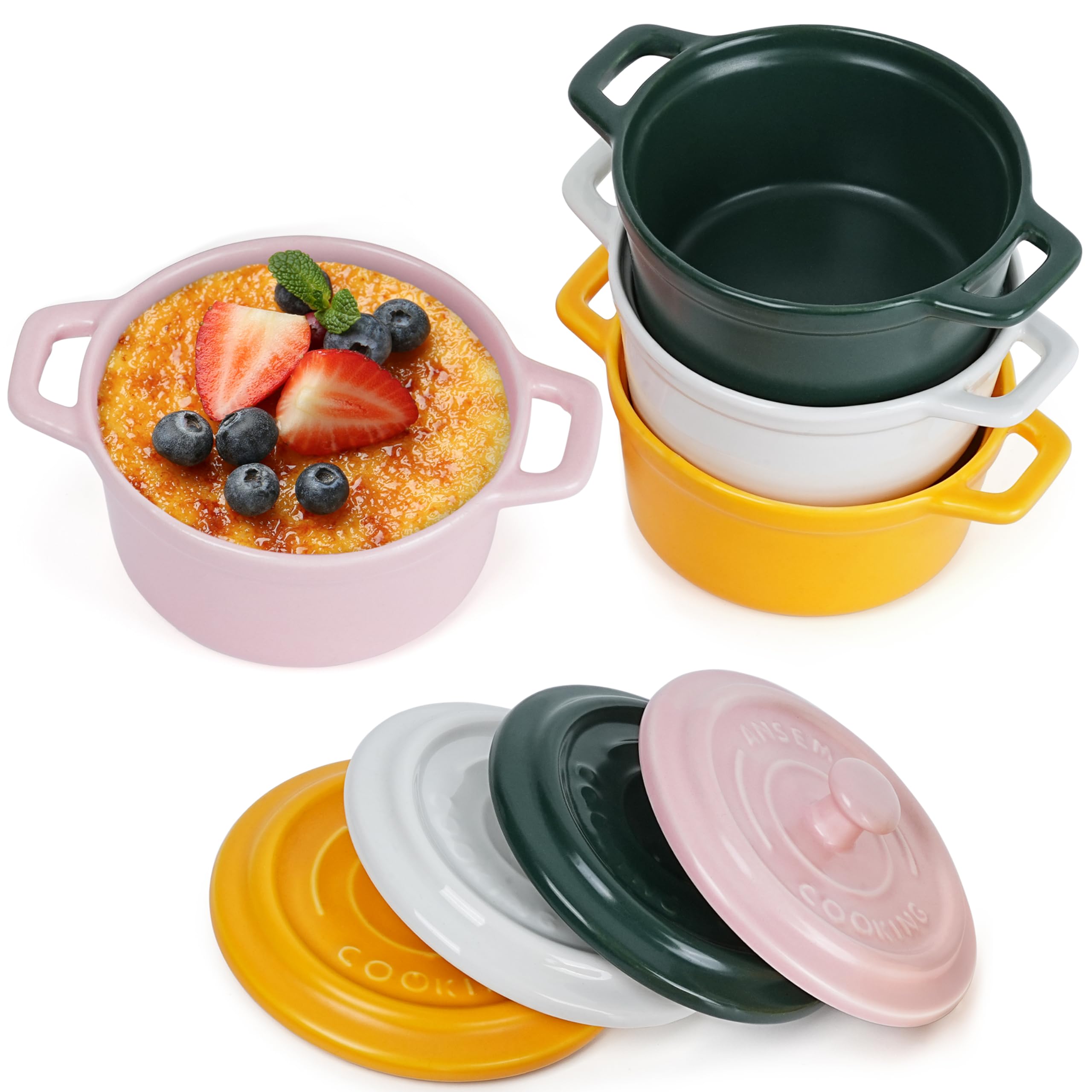 Winter Shore Mini Cocotte Individuelle de 270 ml en Porcelaine avec Couvercles & Poignées [Lot de 4] - Ramequin Four Empilable - Adaptés aux Micro-ondes, Congélateur & Lave-vaisselle - 4 Couleurs