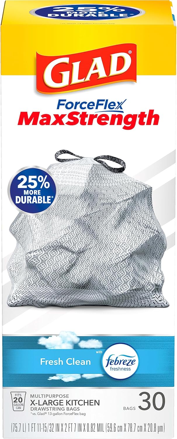 Glad ForceFlex MaxStrength XL Trash Bags, 20 Gal, Fresh Clean, 30 Ct (Package May Vary)