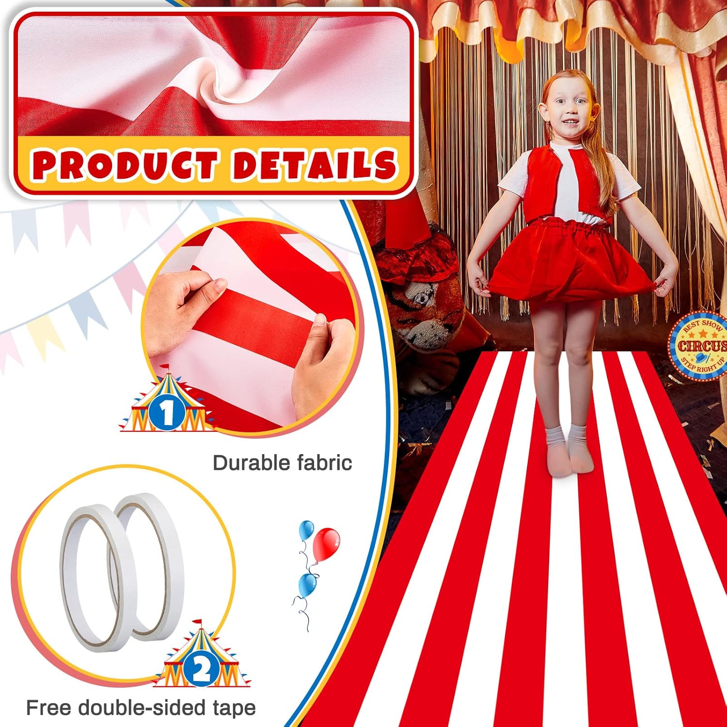 2 Pcs Carnival Circus Aisle Carpet Runner Carnival Theme Party Decorations Supplies 24 x 118 in Red and White Striped Rug for Birthday Floor Decorations Photo Session Indoor Outdoor