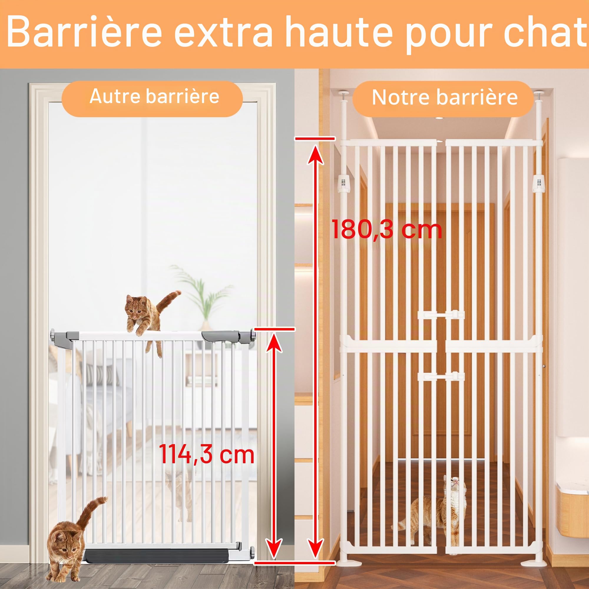Barrière de sécurité pour chat de 180,3 cm de haut, 86 à 90 cm de large, espace extra étroit de 3,4 cm, fermeture automatique, sans perçage, double porte pour animaux de compagnie pour portes, cuisine