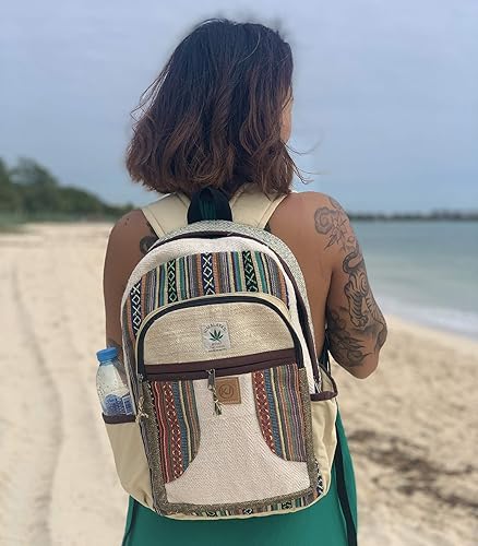 Miniatura 6 de Mochila Nepal de cáñamo grande hecha a mano natural con múltiples bolsillos