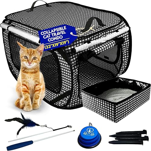 Pet Fit For Life Condominio de viaje plegable extragrande (32 x 19 x 19 pulgadas) para gatos con caja de arena de viaje para gatos y juguete de