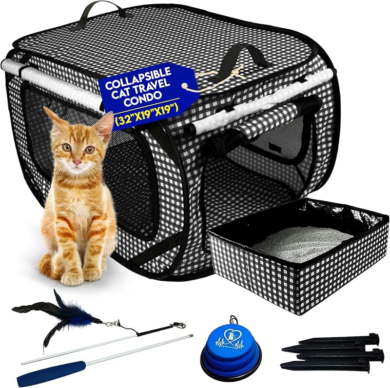 Transportín para gatos extra grande para viajes - Cuadros negros | Transportín plegable para gatos con caja de arena, juguete de plumas y recipiente para agua/comida. Marco duradero de nailon y acero para el hogar y los viajes.