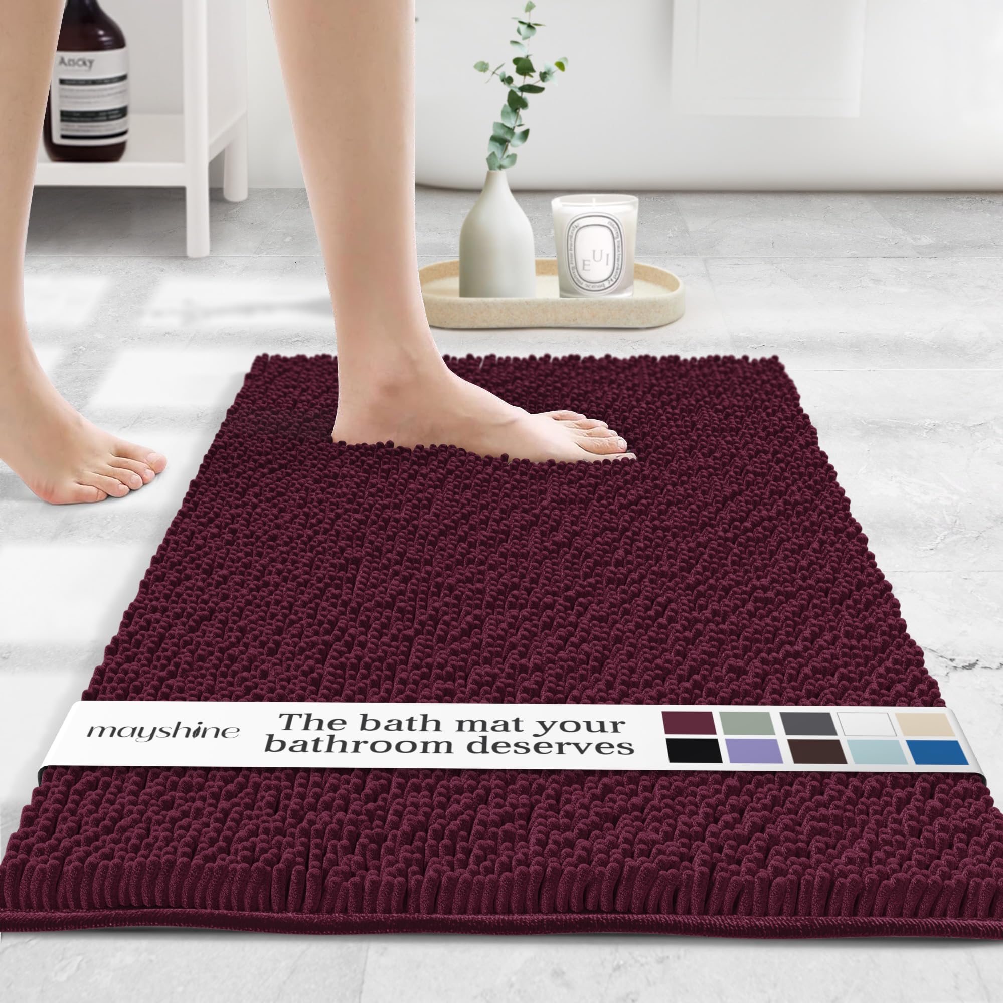 MAYSHINE Standard Plush Shaggy Chenille Bath Mat 32"x20" Extra Soft, Super Absorbent, Non-Slip Bathroom Rug | Fluffy Microfiber, Area Rug Sets for Bathroom Floor, Kitchen, Living Room | Burgundy