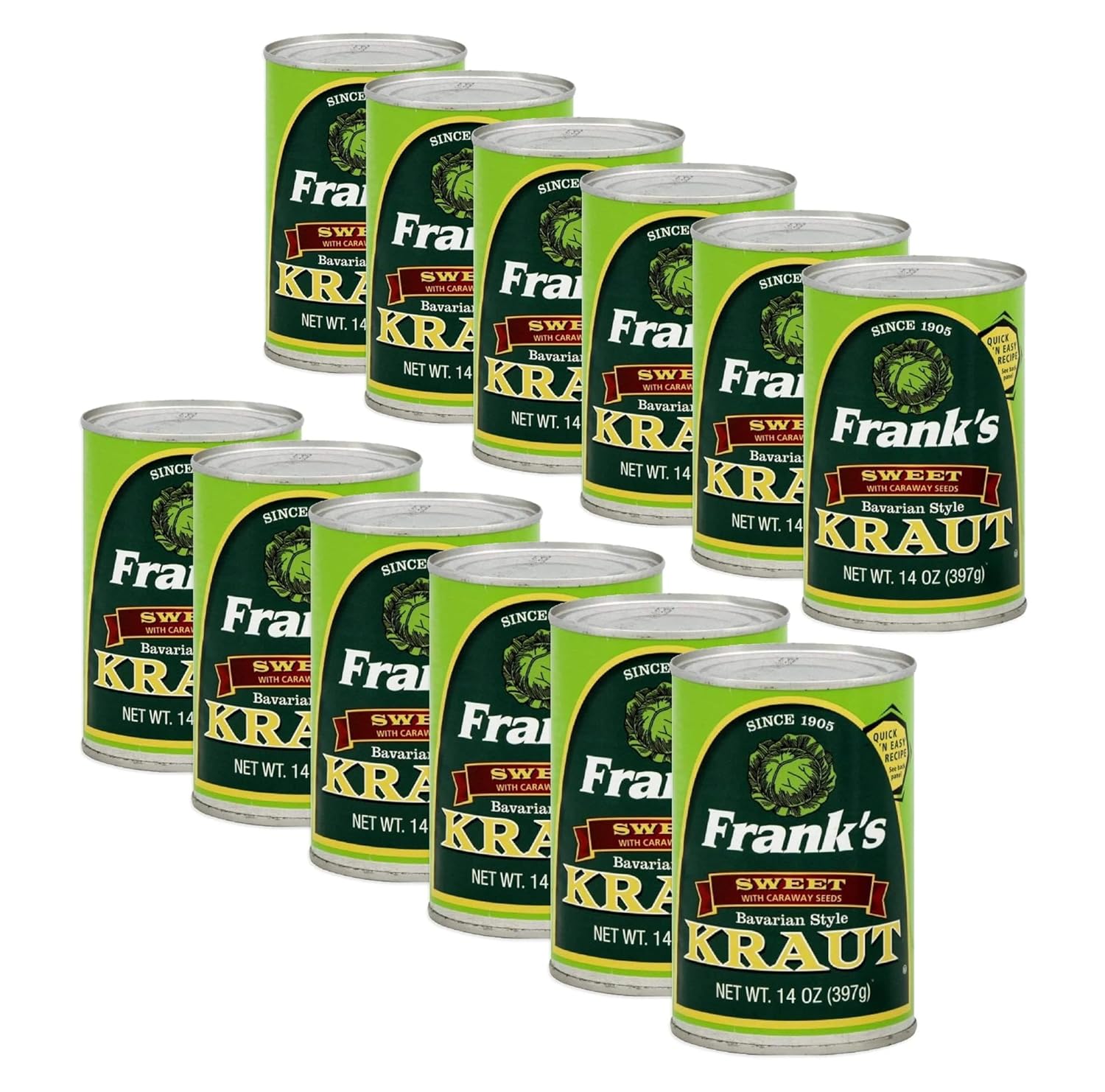 Frank's Sweet Bavarian Style Sauerkraut 14oz (12 Pack) - Naturally Fermented, Gluten-Free Vegan Kraut for Hot Dogs, Brats & Reubens