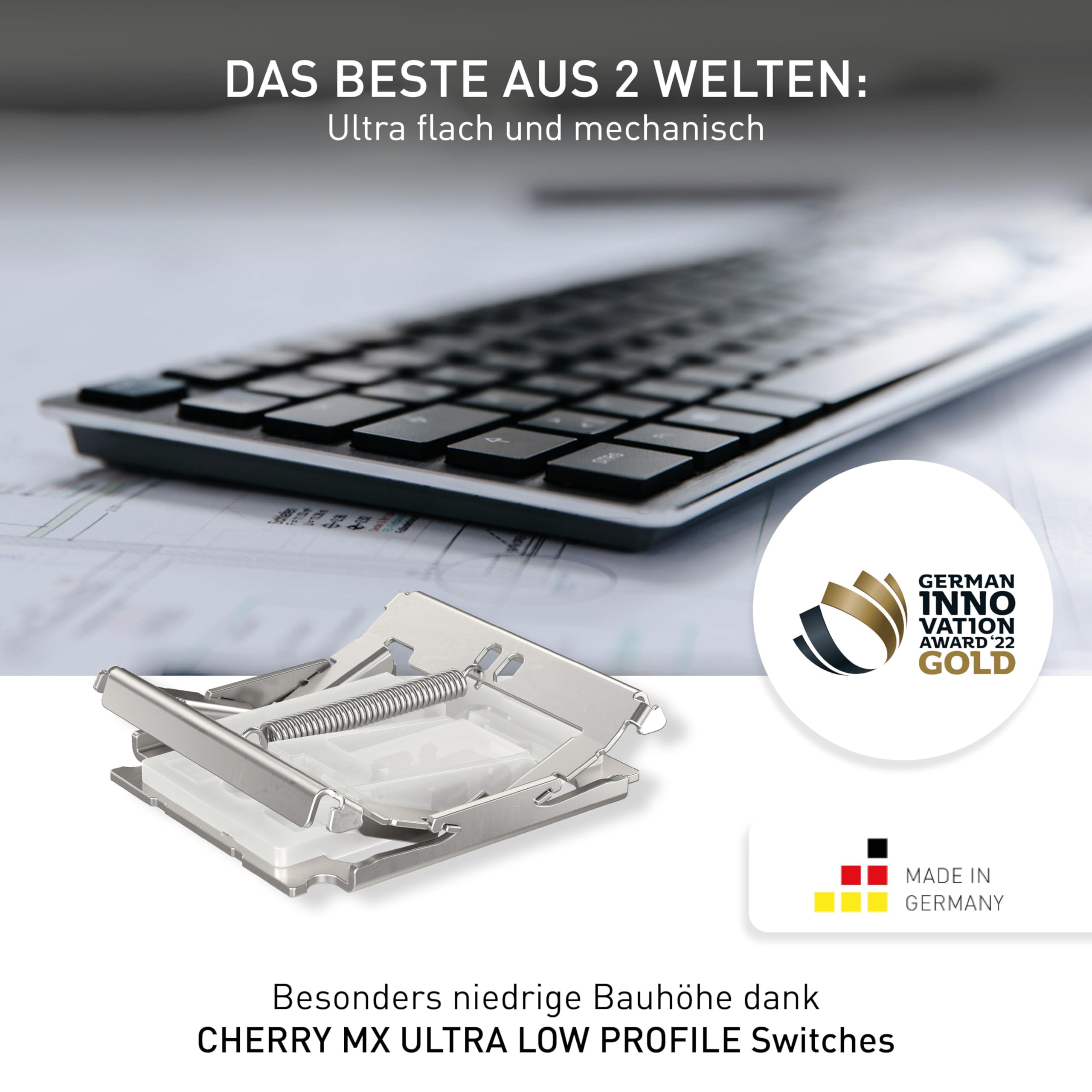 CHERRY KW X ULP, Ultra Flache Mechanische High-End-Tastatur, EU-Layout (QWERTY), Kabellose Multi-Device-Tastatur Für Bis Zu 4 Geräte, Wiederaufladbar, Schwarz