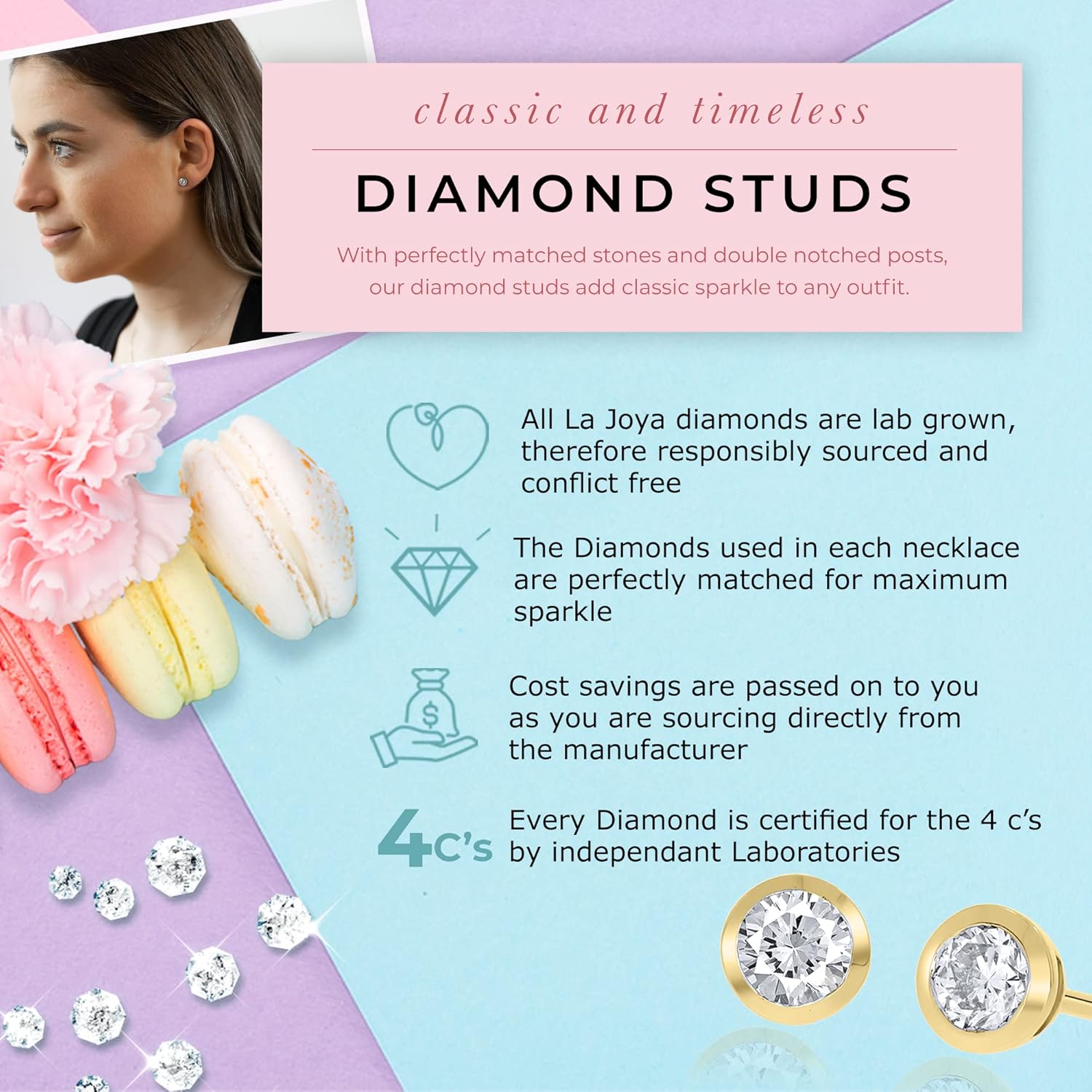 Bezel Set Diamond Stud Earrings for Women | 1/6-5 Carat Lab Grown Studs | 14K White and Yellow Gold | Certified by Gemologists | GH Color and VS-SI Clarity | Secure & Comfortable Pushback Posts