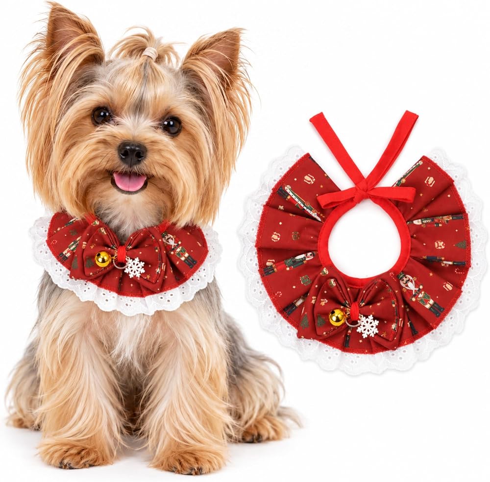 Dog Christmas Outfit M Lace Trim Adjustable Red Bandana with Bow Bell — 사진 1