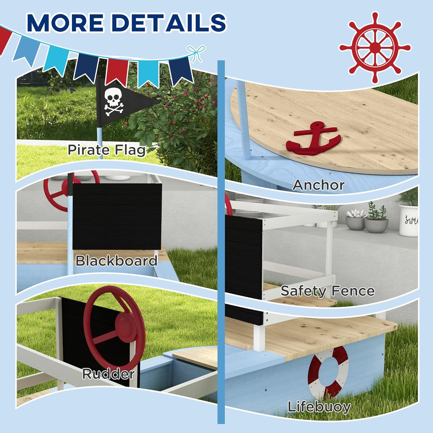 Outsunny Kids Wooden Sandbox, Pirate Ship Sand Pit with Flag, Blackboard, Rudder, Anchor Sign, Storage Deck for Backyard Garden, Gift for Age 3-7 Years, 68" x 44" x 39", Blue