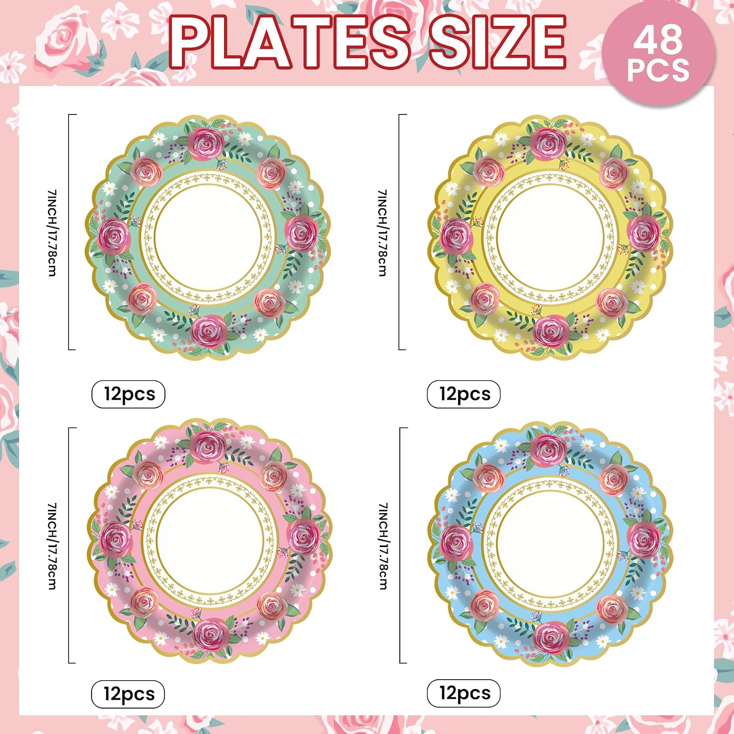48 Pcs Flower Paper Plates, 4 Elegant Floral Designs - Disposable Decorative Tea Plates for Garden Party, Tea Party Decorations, Baby & Bridal Shower image 4
