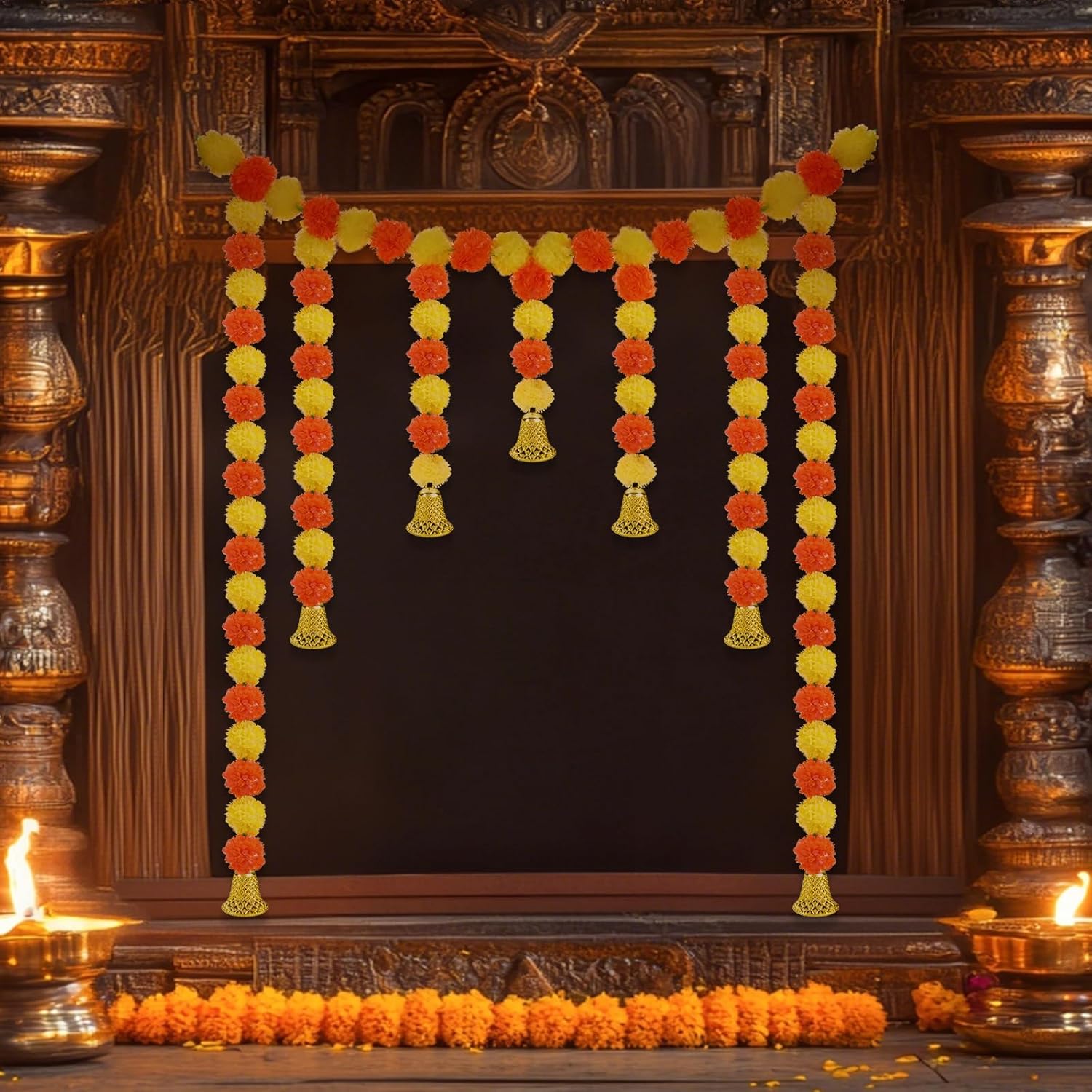 Daifunli 5ft Marigold Garland for Diwali Decoration Pooja Decoration Items Indian Artificial Marigold Hanging Flowers Door Toran for Pooja Dia De Los Muertos Varalakshmi Day of The Dead