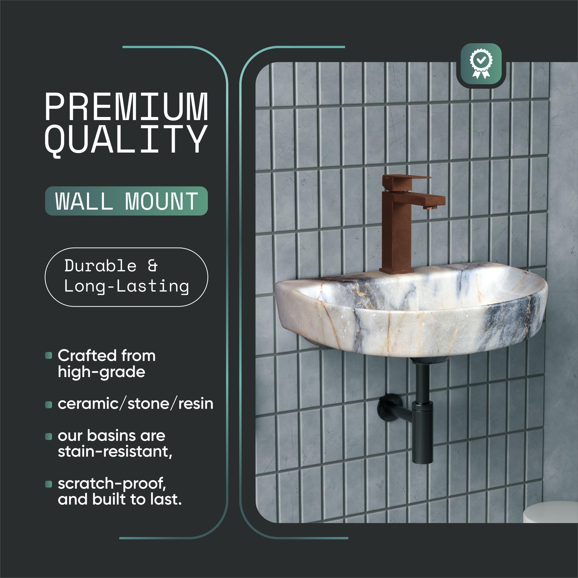 HISRE Wall Mount Wash Basin 17 x 12 x 5 Inch | White Ceramic Sink with Grey & Golden Marble Finish | Modern Rectangular Bathroom Basin for Home, Office, and Hotels, photo 4 of 5