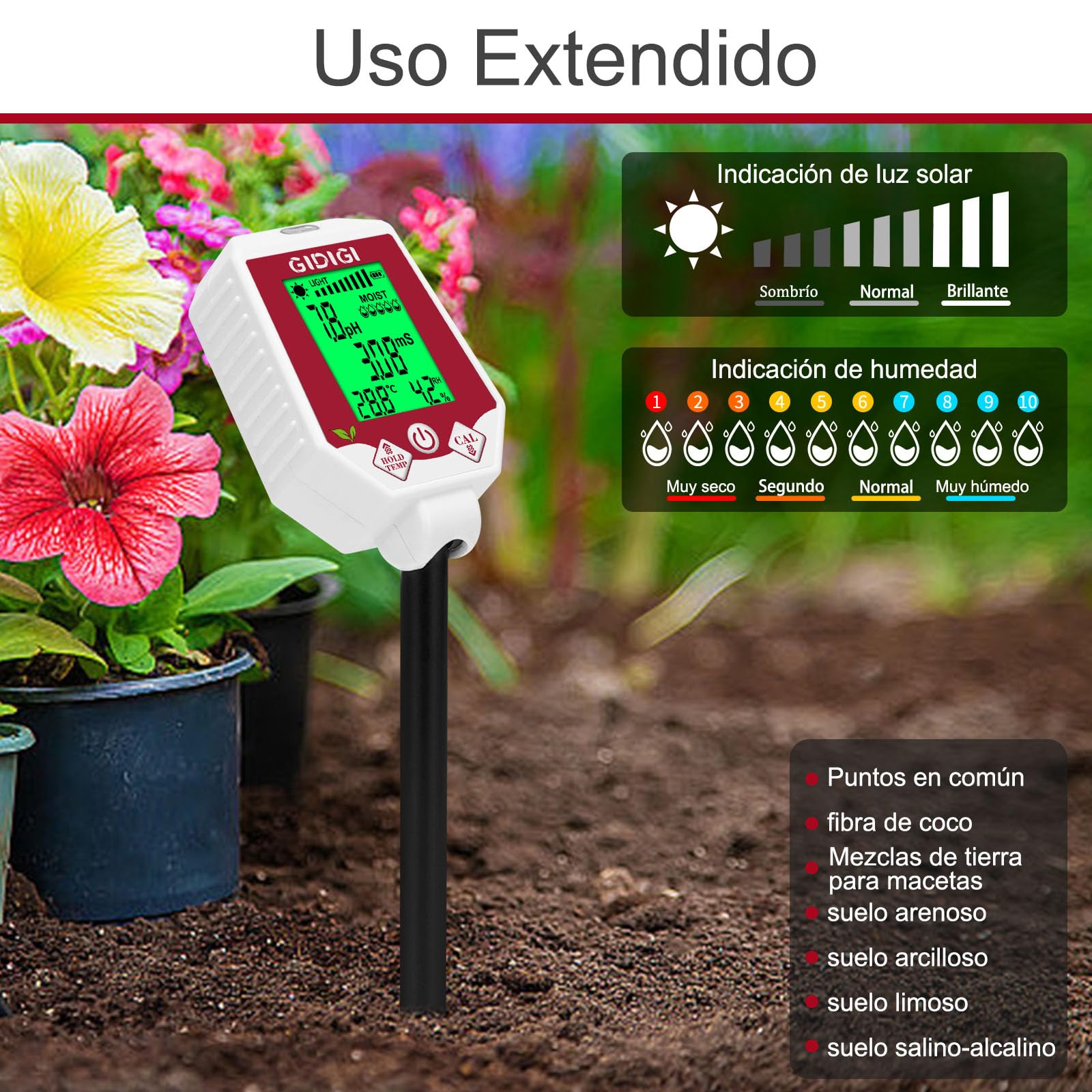 Medidor de pH y Humedad del Suelo 6 en 1, Monitor de Humedad de Plantas, medidor Digital de Humedad del Suelo para Plantas, Sensor para jardinería, Agricultura, Plantas de Interior y Exterior
