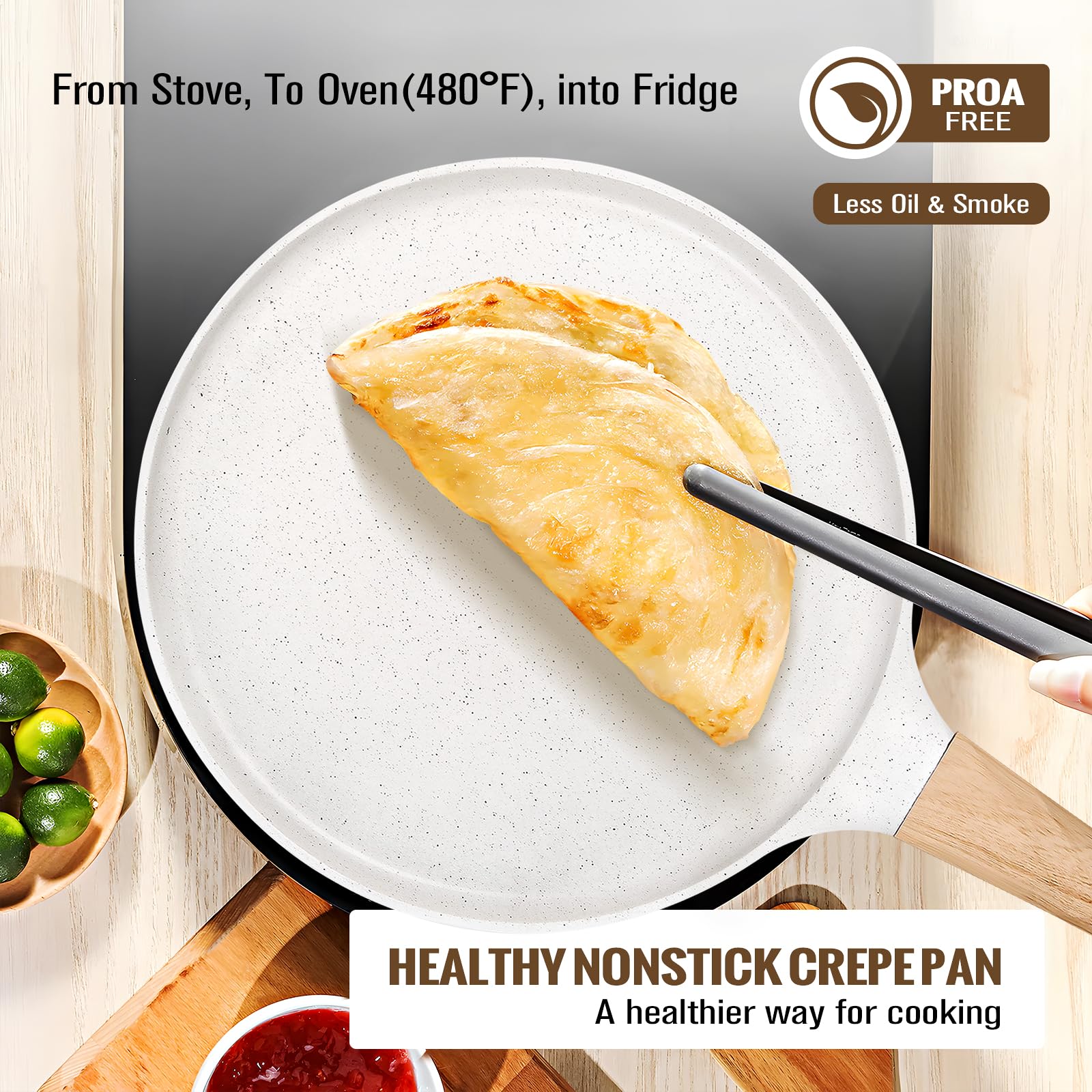 SouxMux Sartén antiadherente para crepes de 11 pulgadas con esparcidor, sartén Dosa Tawa con revestimiento de cerámica, sartén plana compatible con inducción para panqueques, tortillas y más con mango