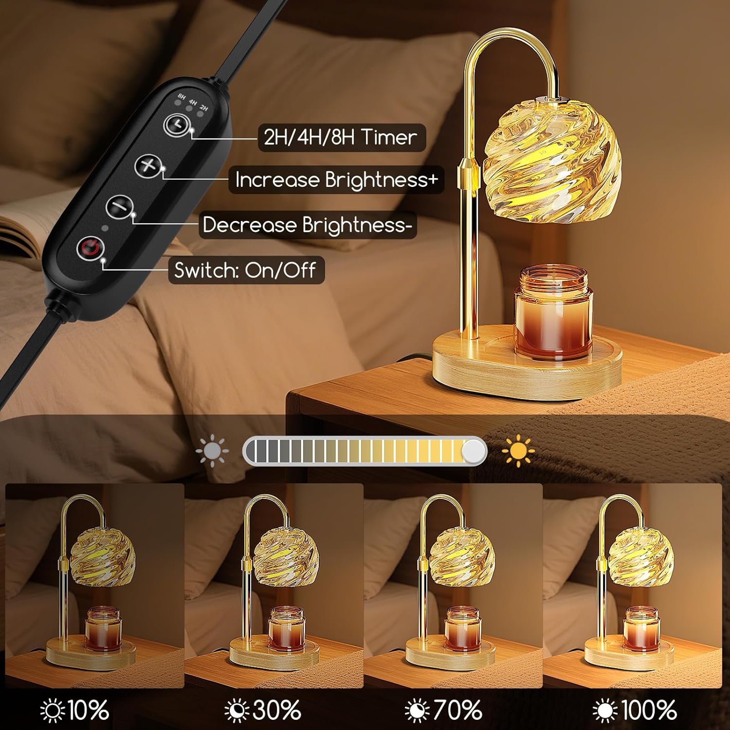 Candle Warmer Lamp with Timer Dimmer, Electric Candle Warmer with Adjustable Height for Home Decor, Office, Valentines Birthday Gifts for Women Men Mom, Wax Melter for All Jar Sizes, 2Bulbs, Gold