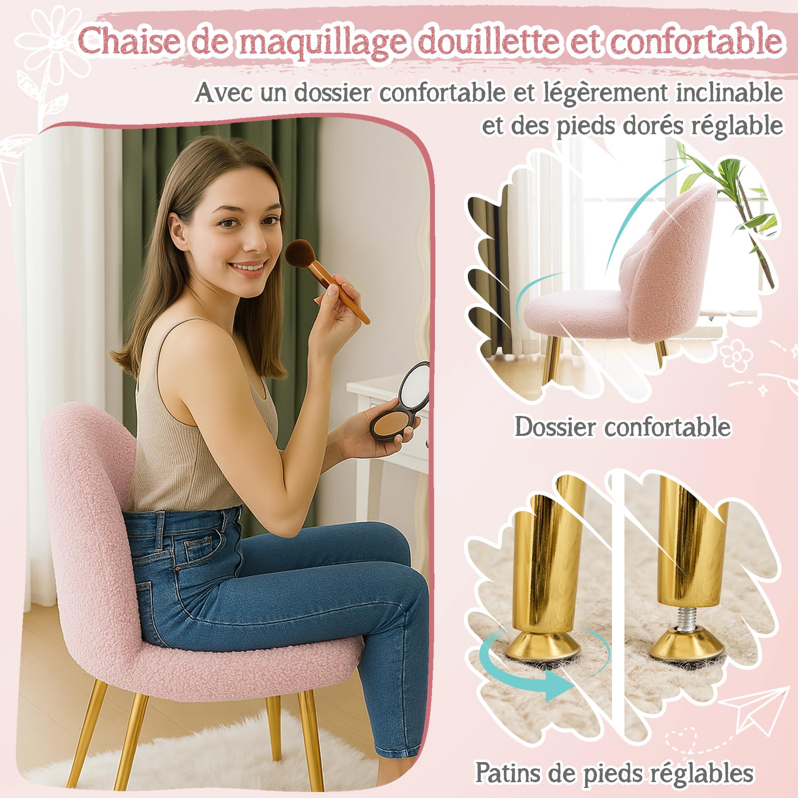 Bonnlo Fauteuil Relax, Chaise Coiffeuse, Fauteuil avec Coussin Nœud, Dossier Incurvé sans Accoudoirs, pour Salon, Bureau, Chambre, en Peluche Lapin/Teddy, 55 x 48 x 78.5 cm (Teddy & Rose)