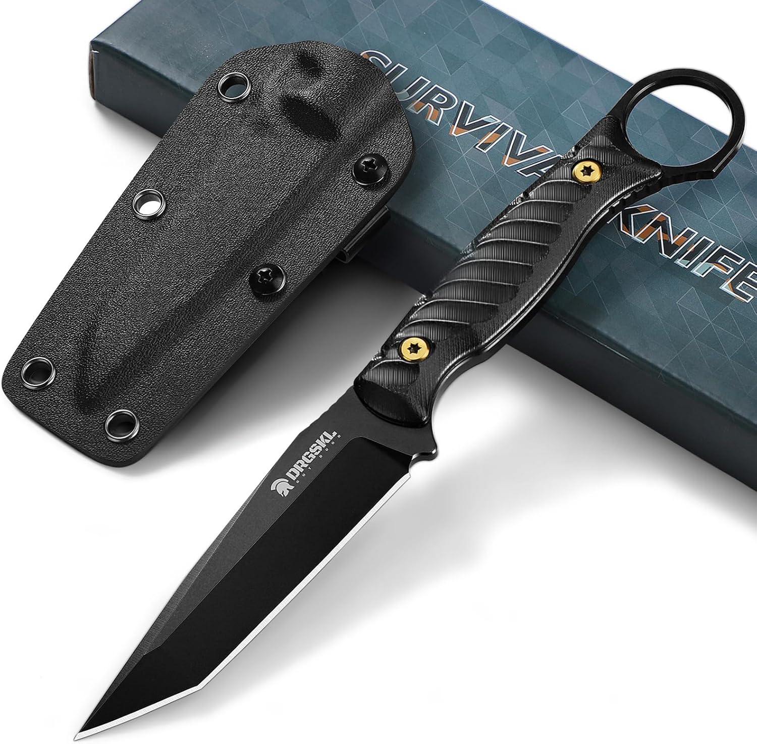 Tanto Fixed Blade Knife - Full Tang Survival Knives for Bushcraft, Camping Knives with Sheath, Black Knives Forged from a Single Piece of D2 Steel, Ideal Gift for Men