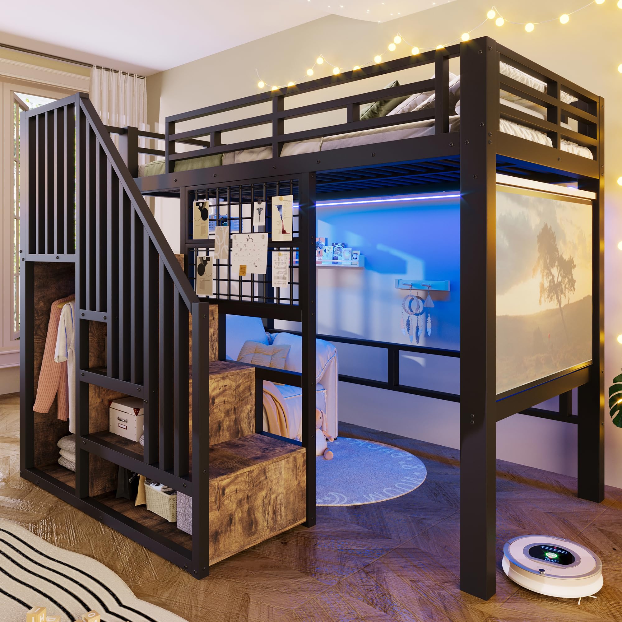 Cama alta de 90 x 200 cm con escalera de almacenamiento, cama de hierro con barandilla, cama alta para niños con luz LED, con proyector, sin colchón, color negro