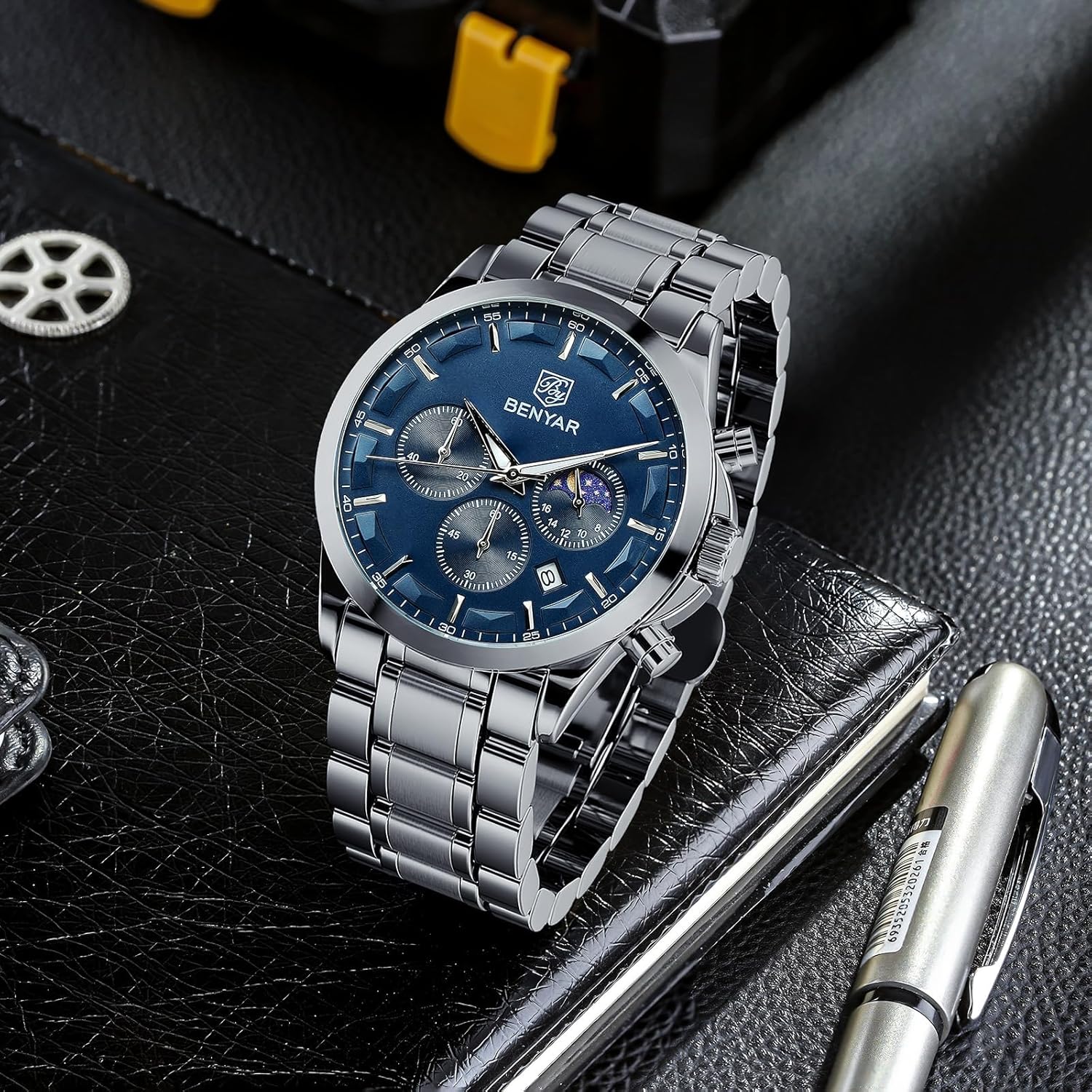 BY BENYAR Mens Watches Analog Quartz Chronograph Waterproof Wrist Watches for Men Fashion Business Work Casual Sport Designer Dress Watch with Calendar Elegant Gifts for Men Silver Blue image 4 of 9 B07Z525F8K