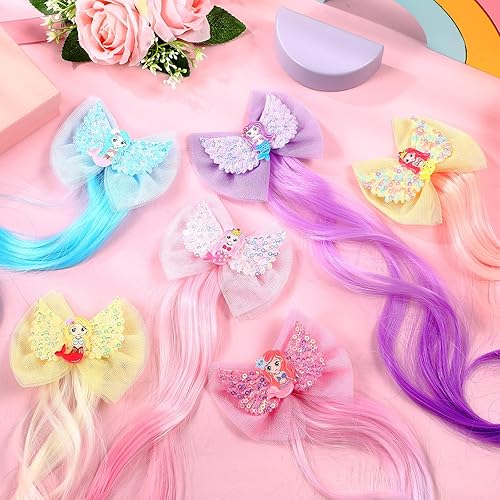Miniatura 4 de Paquete de 6 accesorios para el cabello de princesa sirena clips de mariposa con purpurina, extensiones de colores, colas de caballo rizadas,