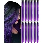 Olldag 12 PCS Purple Hair Extensions Clip in, 22-Inch Colored Hair Extensions Party Highlights Long Straight Synthetic Hairpieces for Women Kids Girls Halloween Christmas Cosplay