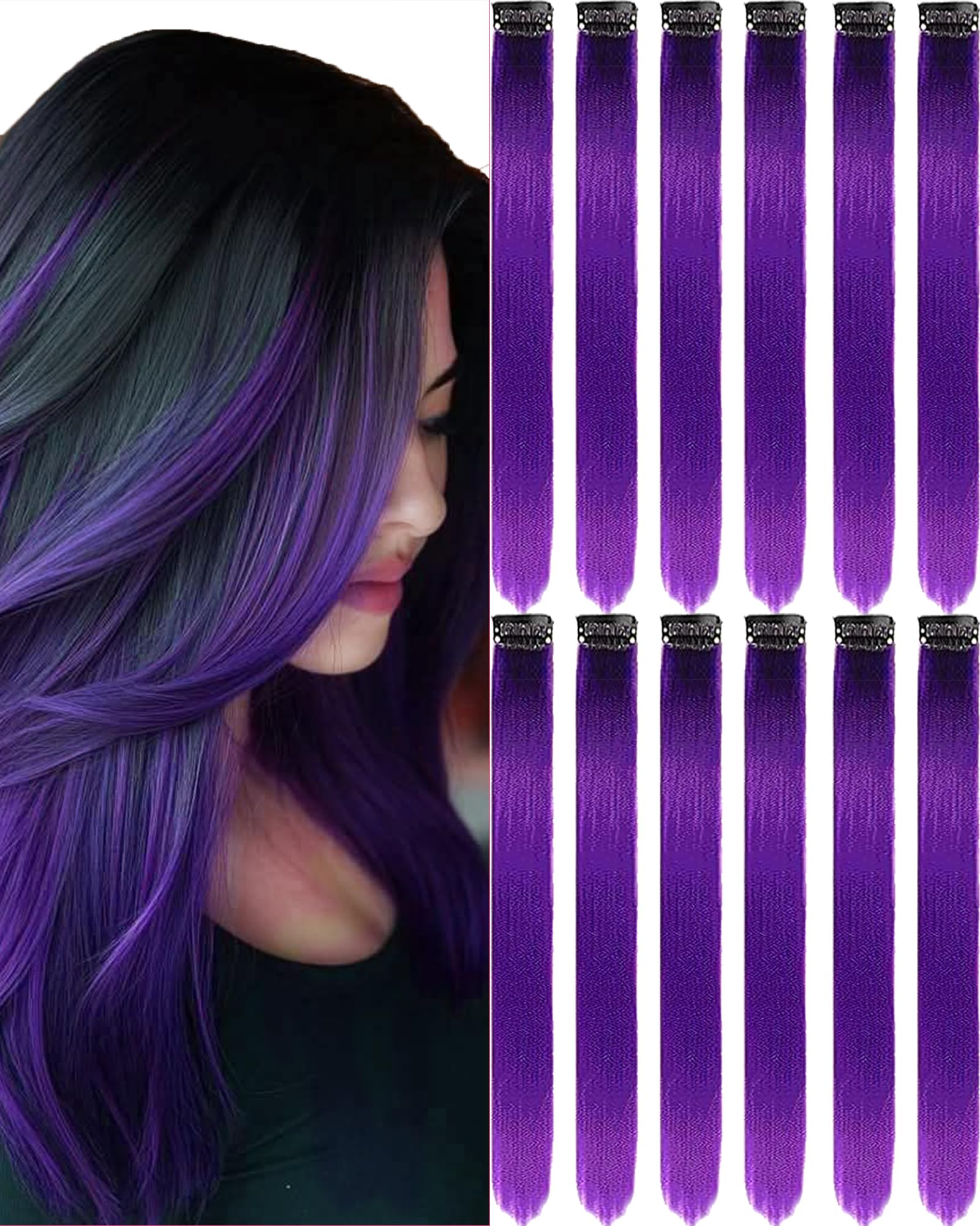 12 PCS Purple Hair Extensions Clip in, 22-Inch Colored Hair Extensions Party Highlights Long Straight Synthetic Hairpieces for Women Kids Girls Halloween Christmas Cosplay