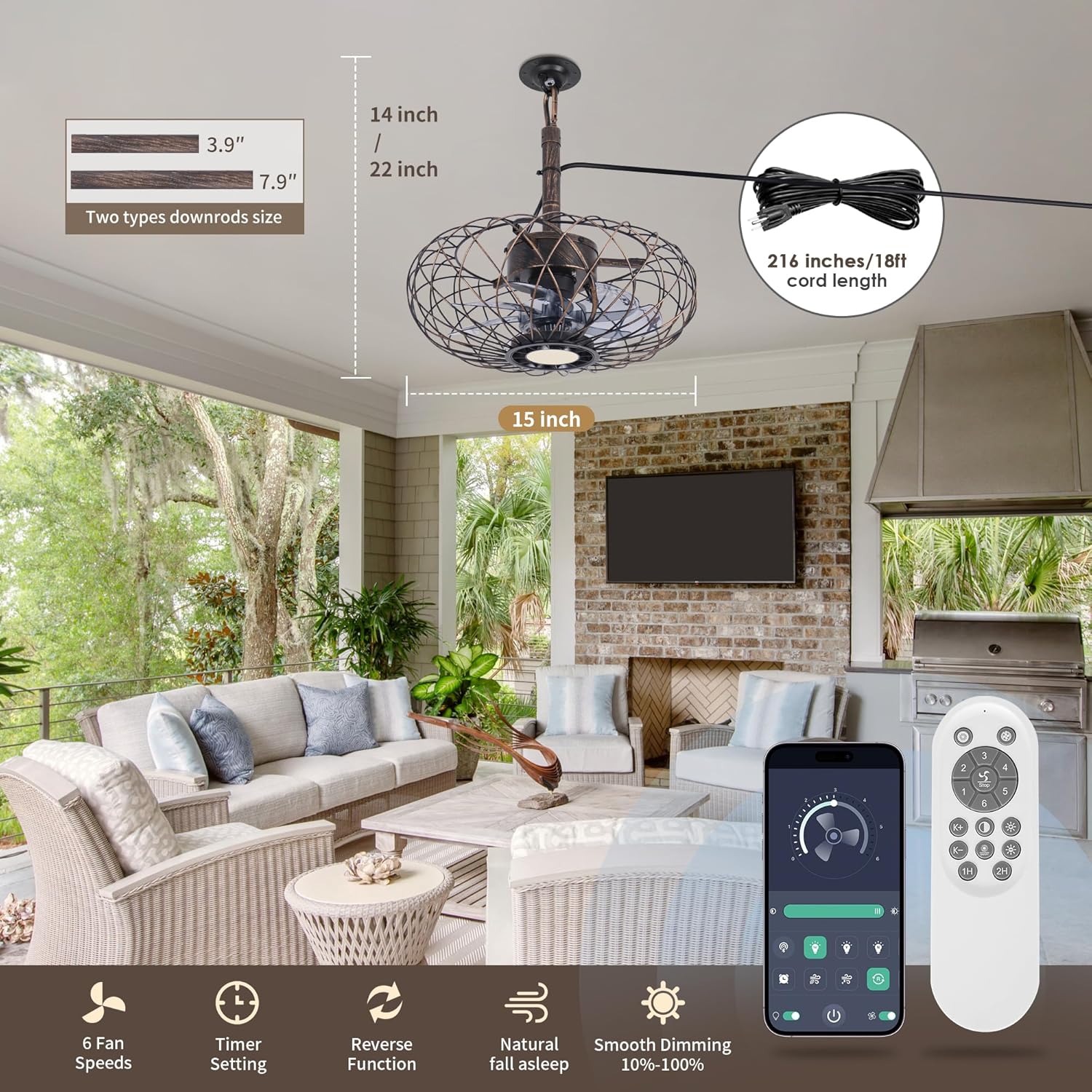 PAZALA 15" Gazebo Ceiling Fans with Lights and Remote Control, Waterproof Enclosed Caged Ceiling Fan with 3 Color LED Light, Portable Hanging Outdoor Fan with Plug in Cord Hook for Patios Rustic