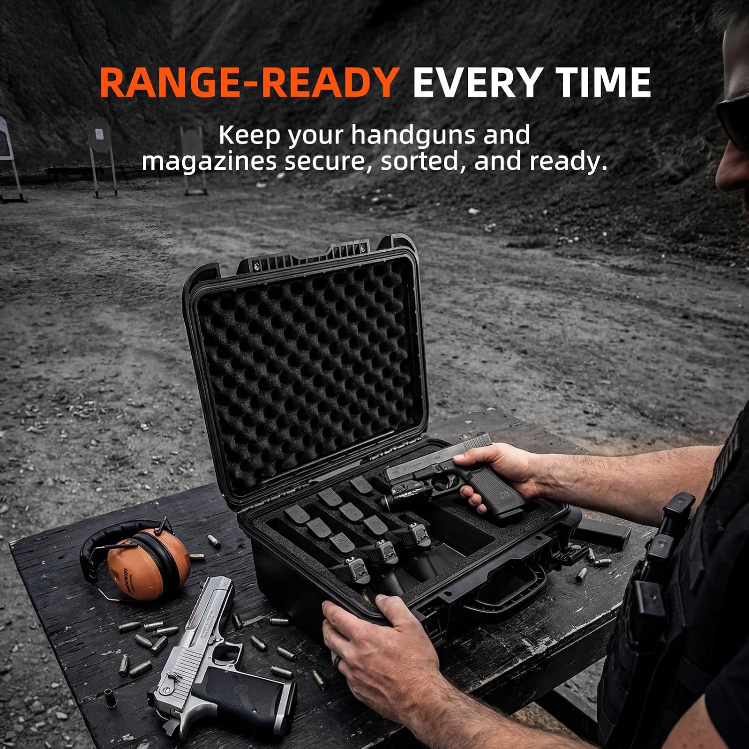 Pistol Case, Heavy Duty Waterproof Hard Gun Case for Multiple Pistols & Magazines