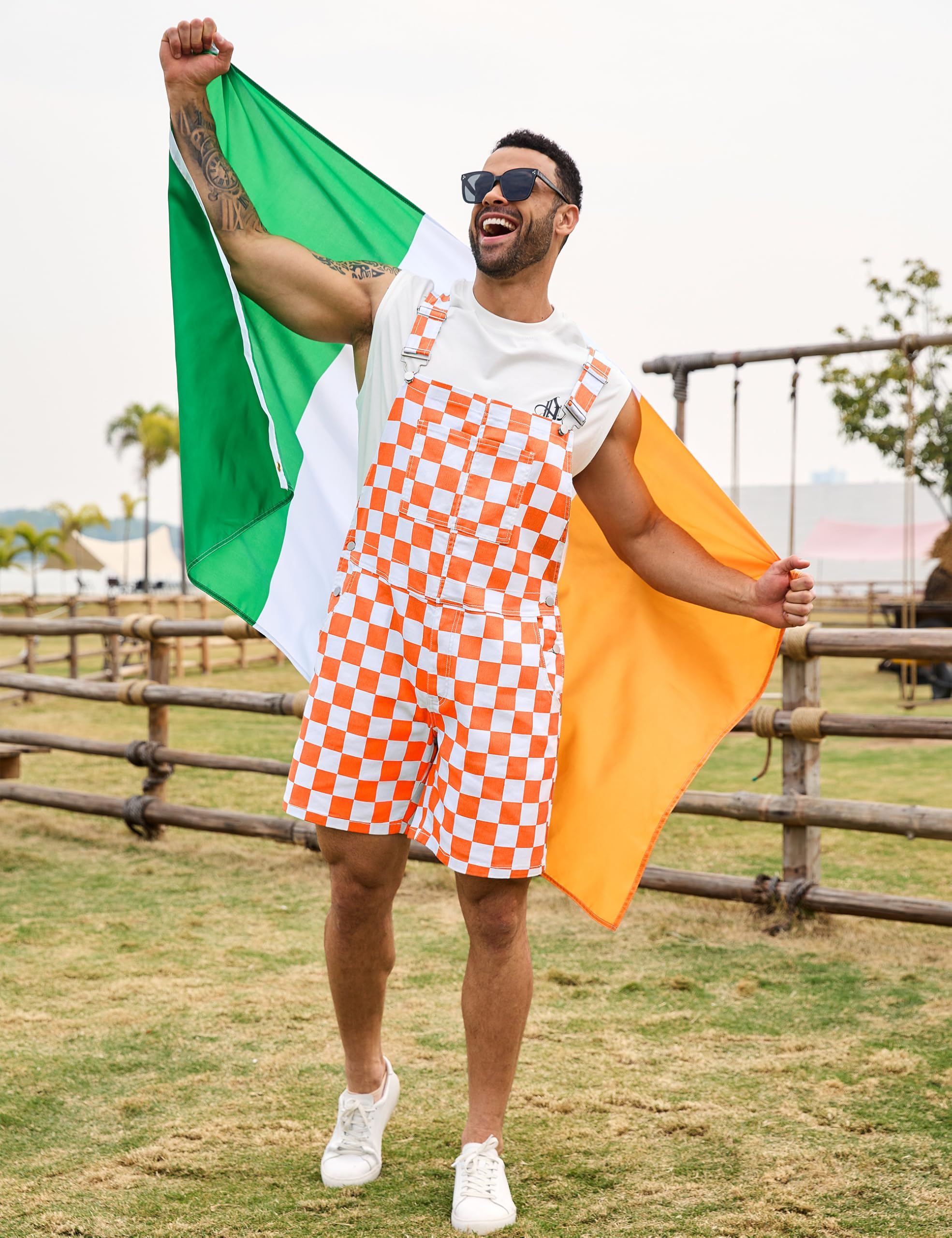 Odefou Karierte Latzhose für Herren, Overall, Shorts, Arbeitsoverall