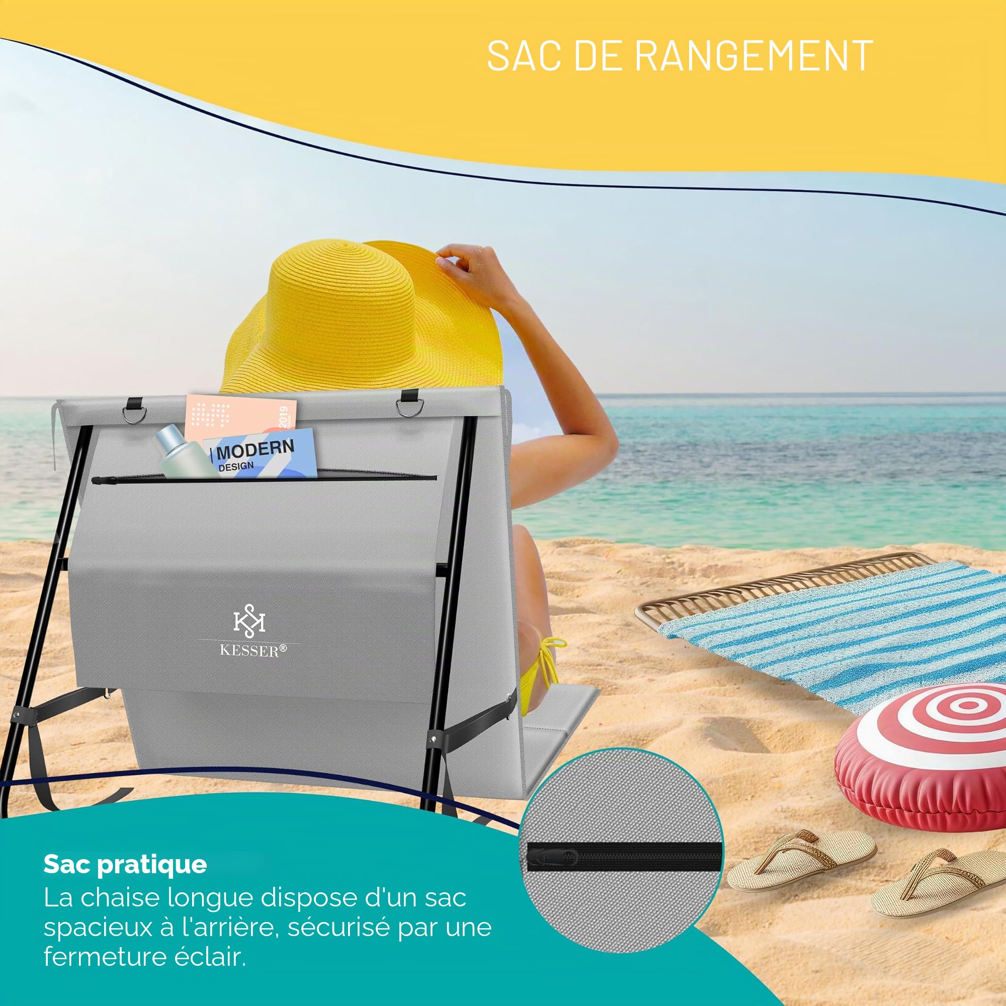 KESSER® Matelas de Plage Pliable avec Dossier réglable - Chaise Longue de Plage Pliable avec Sangle, Sac étanche & Rangement - Chaise Longue pour Plage, Jardin & terrasse 130 kg de Charge