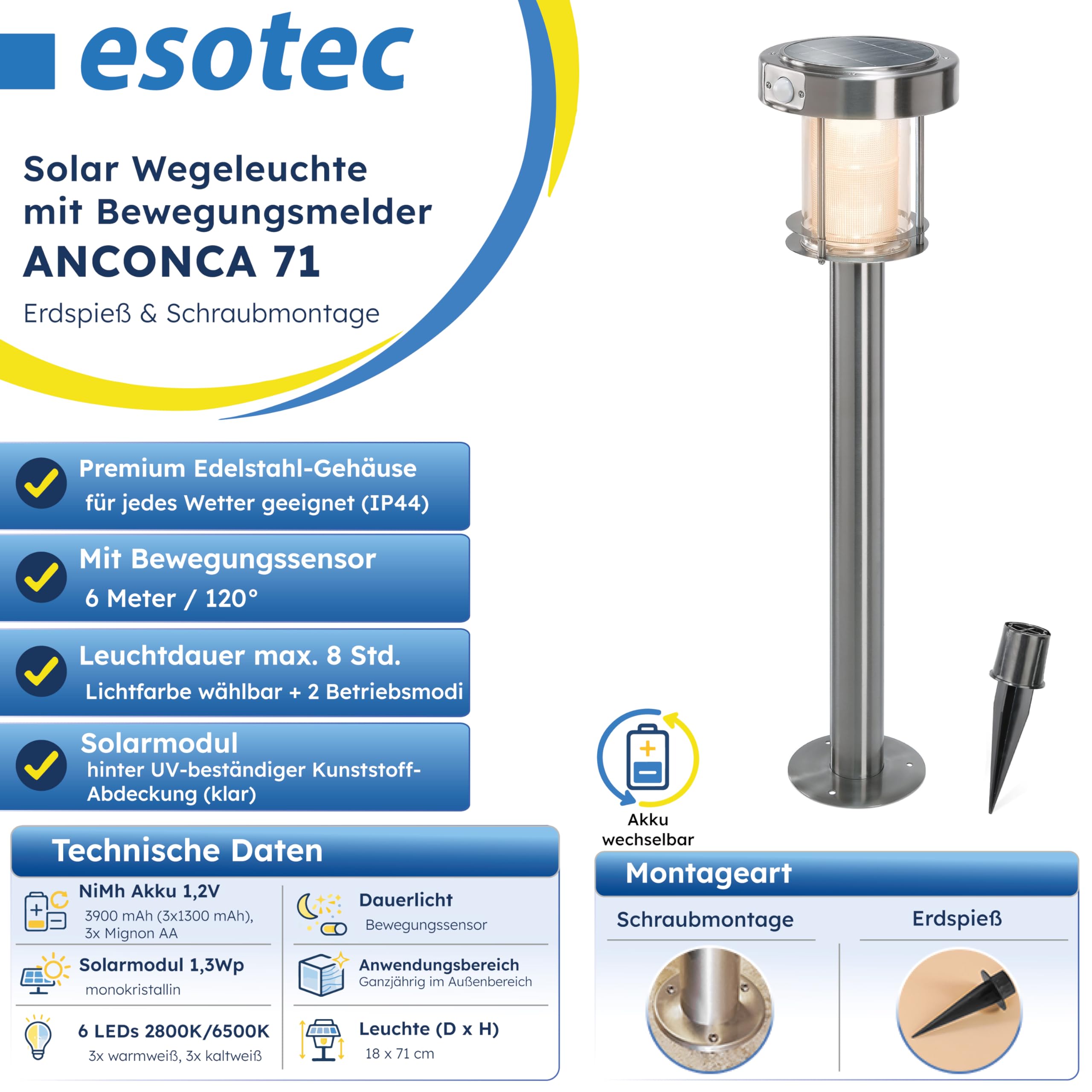esotec Solar Wegeleuchte mit Bewegungsmelder Ancona, Gartenlampe Standleuchte für außen, DuoColor warmweiß kaltweiß, Edelstahl, H=71cm, IP44, 102534