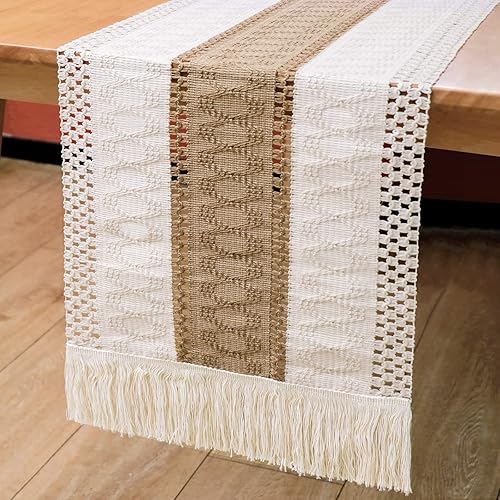 Camino de mesa de macramé, camino de mesa de encaje, camino de mesa de boda, lino rústico hecho a mano en color beige bohemio de algodón tejido de