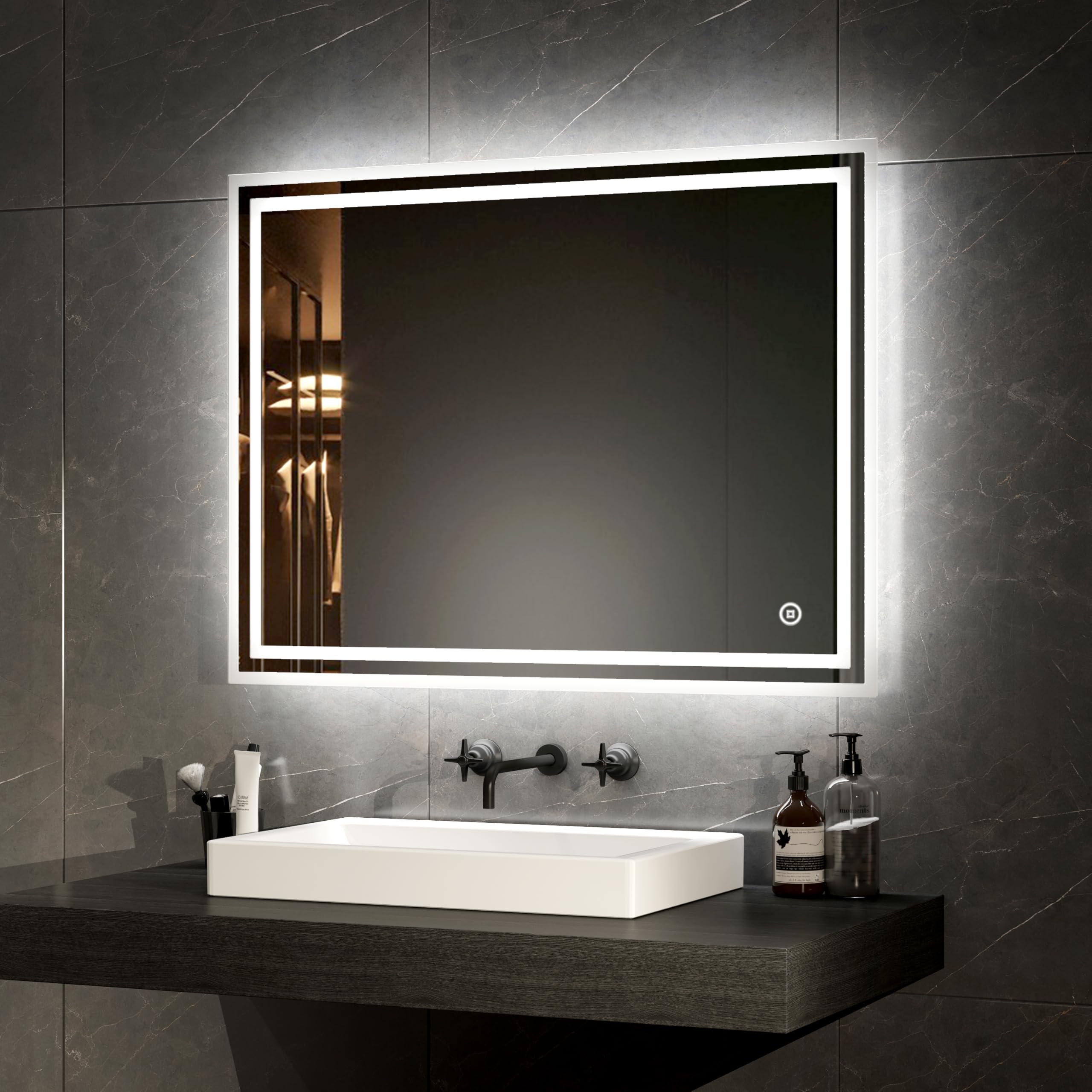 EMKE 800 X 600 mm LED Illuminated Bathroom Mirror with Lights and Demister Pad, Backlit Wall Mounted Touch Sensor Bathroom Mirrors Anti Fog for Makeup Cosmetic — image 1