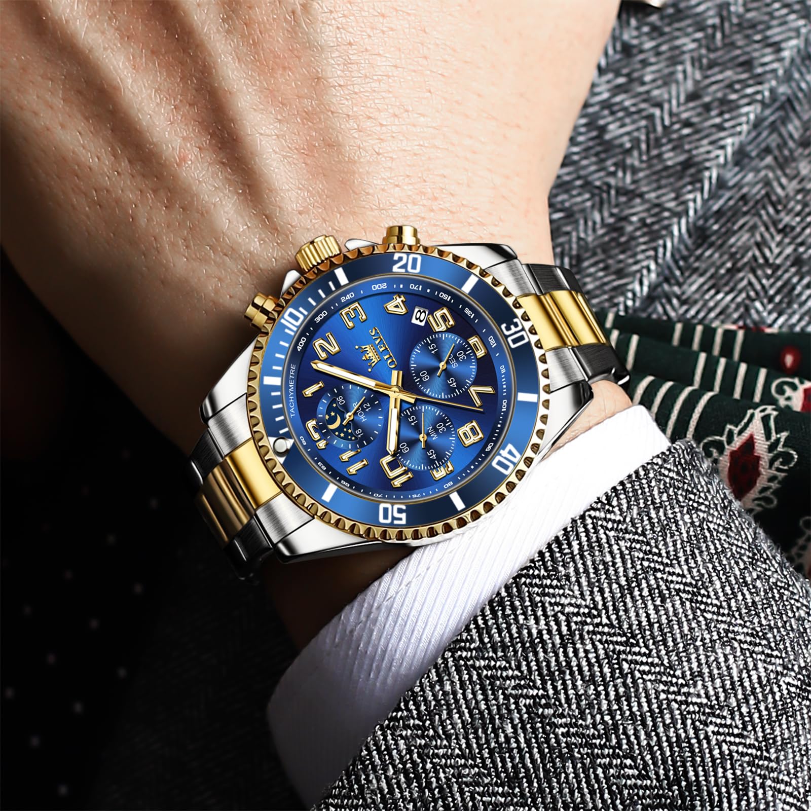 OLEVS Groß Uhr Herren Wasserdicht Leuchtend Edelstahl Mondphase Armbanduhr Herren Analog Chronograph Herrenuhren Arabische Ziffern mit Datum