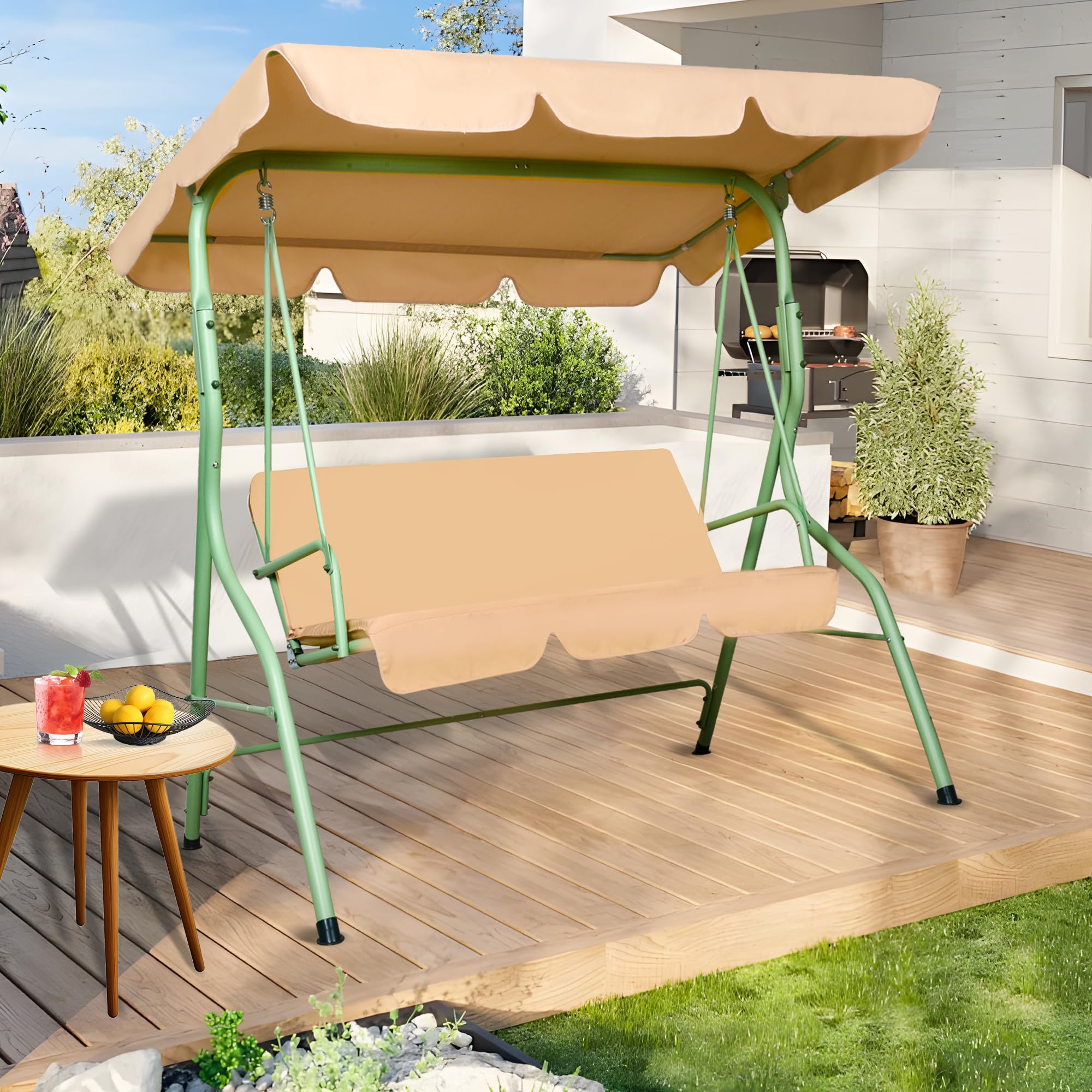 Frankystar Hulaop - Dondolo 3 Posti da Giardino con Cuscino Imbottito e Tettuccio Parasole Regolabile in Acciaio Verniciato e Tessuto Poliestere Beige