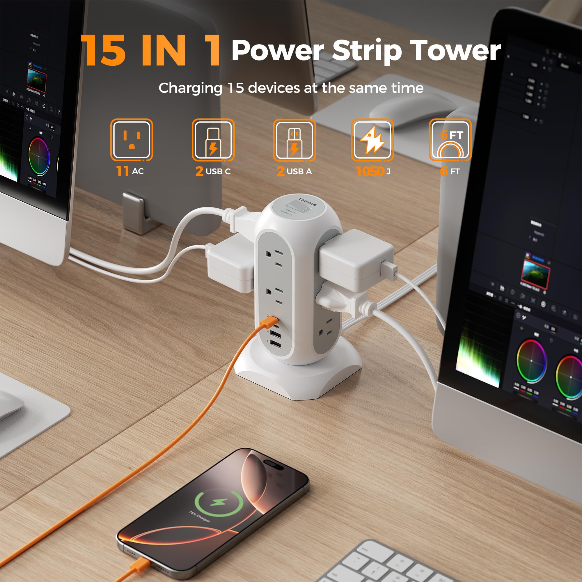 TESSAN Tower Power Strip Flat Plug with 1050J Surge Protection, 6 Ft, Grey — Amazon image 2