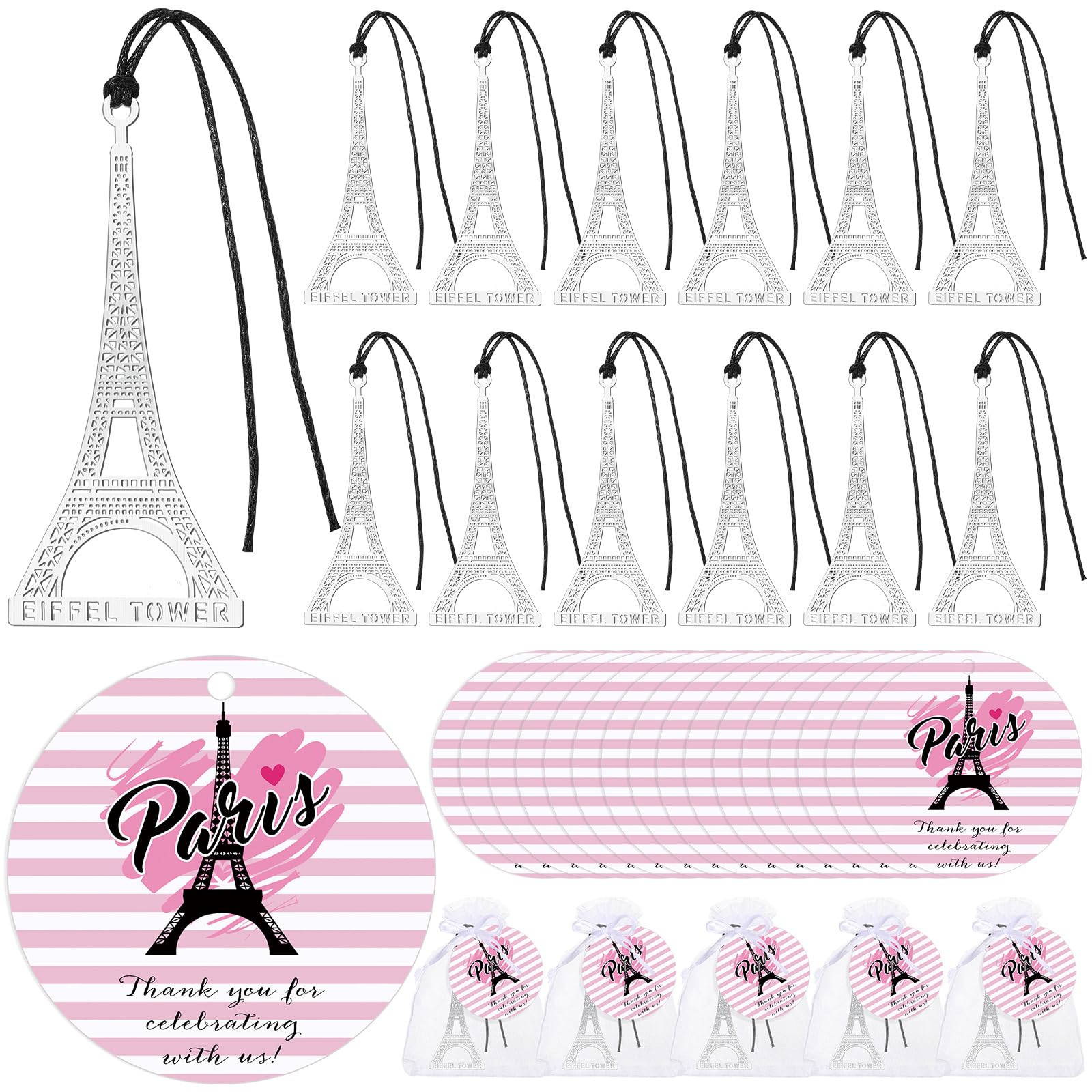 Motipuns 25 Sets Paris Party Favors Eiffel Tower Bookmarks Paris Metal Book Marks Thank You Cards Organza Bags Paris Souvenirs from France Paris Gifts for Girls Birthday Paris Themed Party Favors