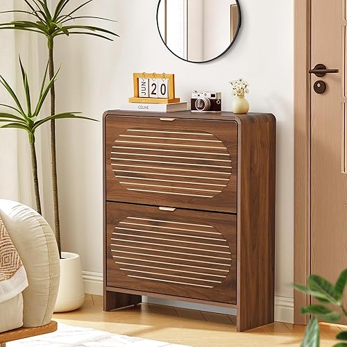 Miniatura 9 de Armario estrecho de almacenamiento de zapatos para entrada con 2 cajones abatibles, zapatero de madera independiente con panel de rayas arqueadas,