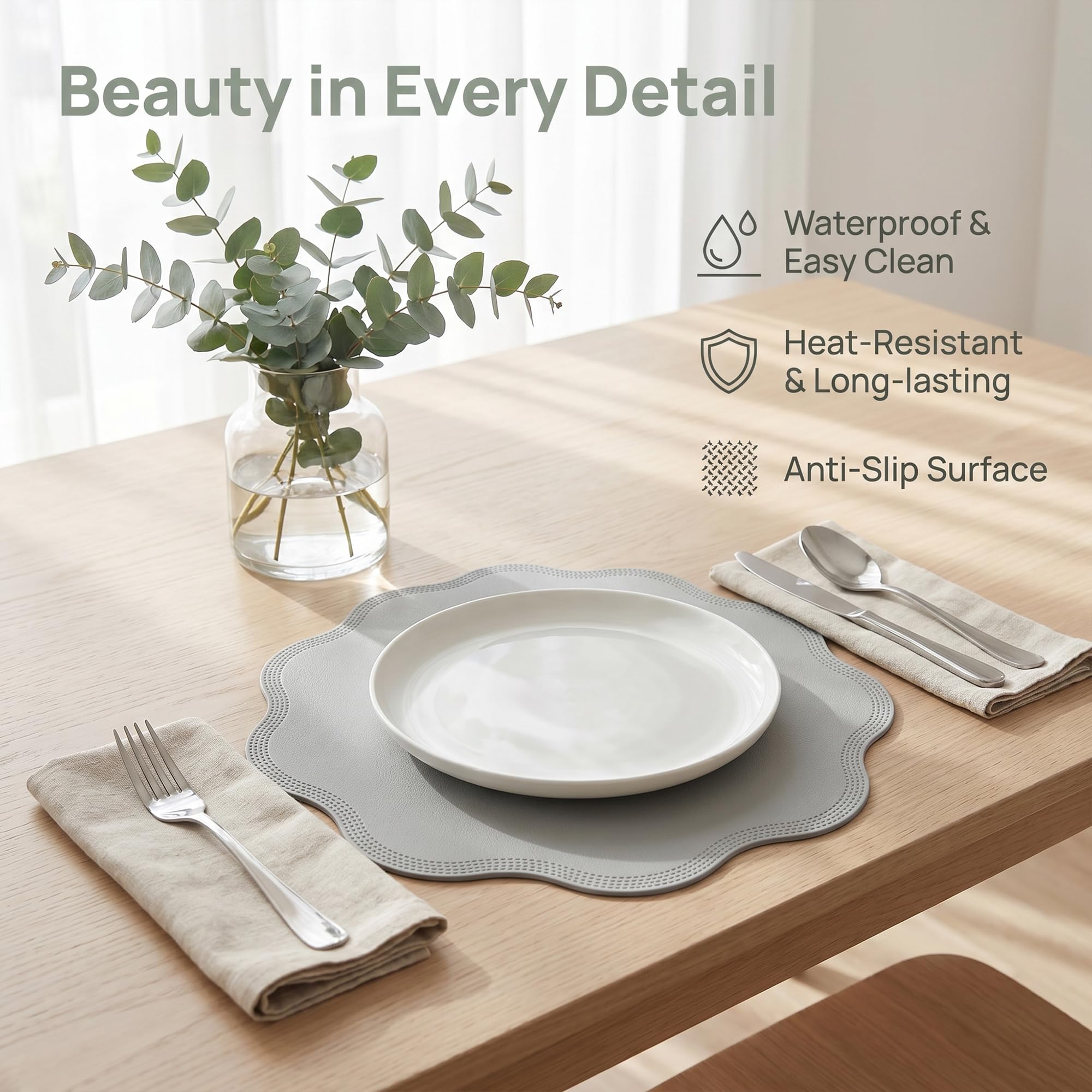 Set di 6 tovagliette in ecopelle per la decorazione del tavolo da pranzo della cucina, tovagliette lavabili, 38,1 x 38,1 cm, grigio