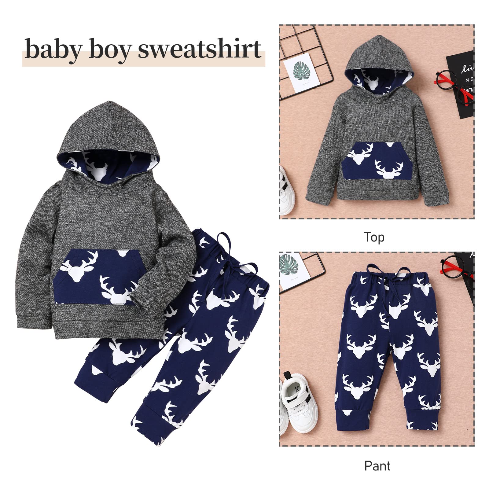 Set completo con felpa con cappuccio e pantaloni a maniche lunghe con cervo, per neonati e bambini