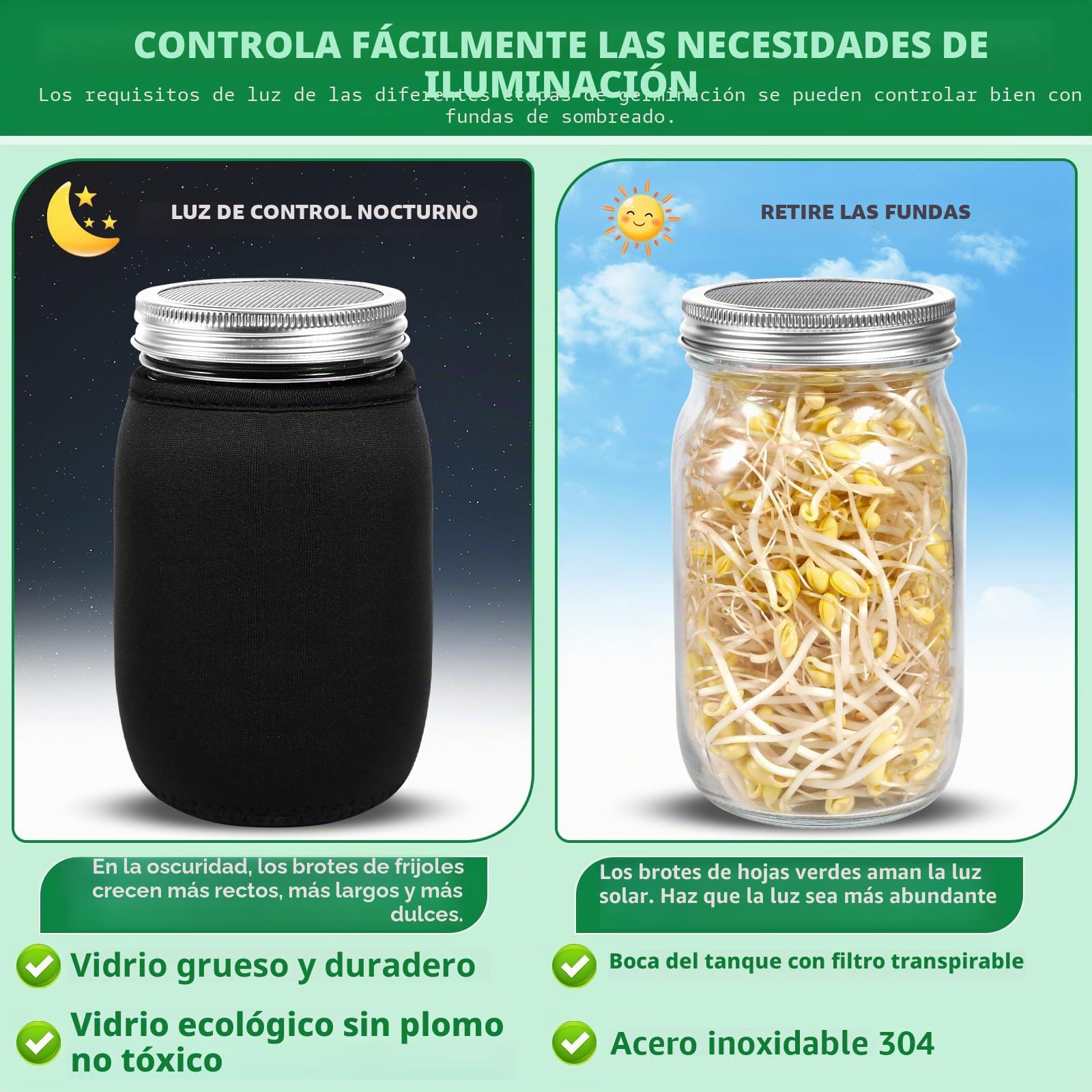 Kit de Tarros de Germinación Brote de Semilla, con 2 1000ml Frascos de Vidrio, 2 Soporte, 1 Bandeja,2 Filtros de Acero Inoxidable, 2 Tela de Sombreado y Cepillo, Germinador de Semillas
