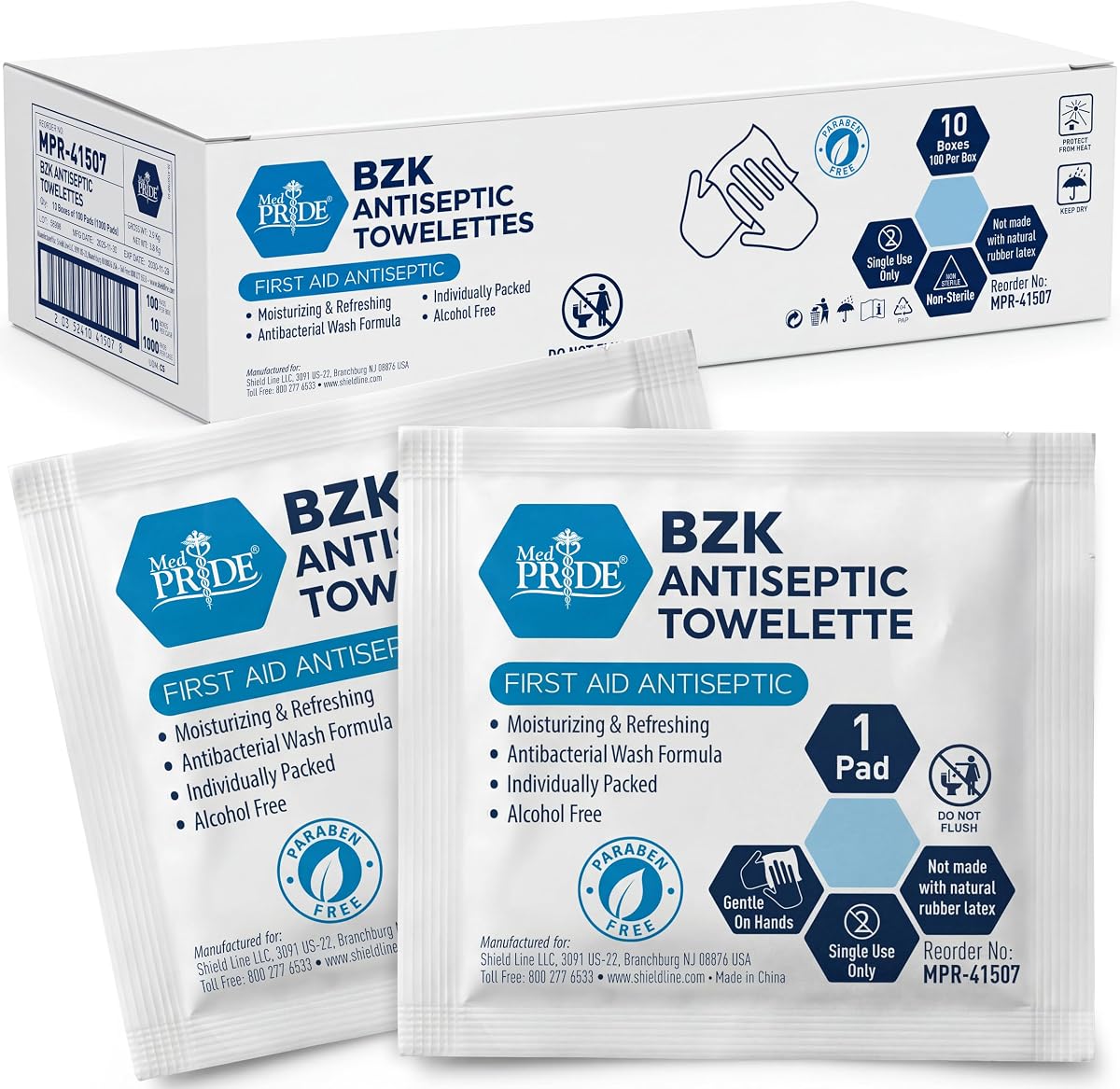 MED PRIDE BZK Antiseptic Towelettes, Alcohol-Free First Aid Wipes, 1000-Ct