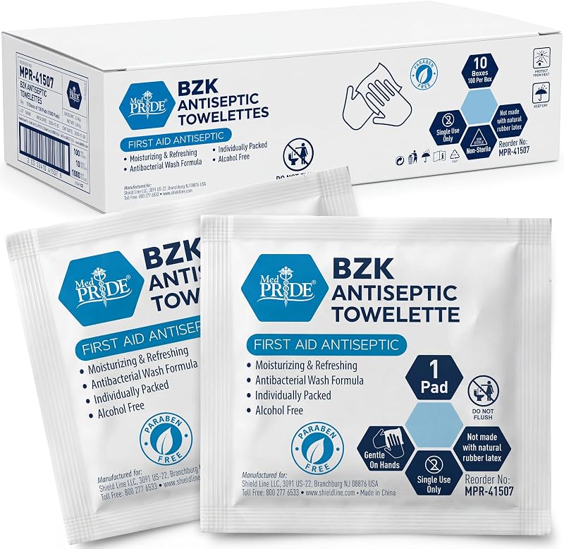 MED PRIDE BZK Antiseptic Towelettes, Alcohol-Free First Aid Wipes, 1000-Ct